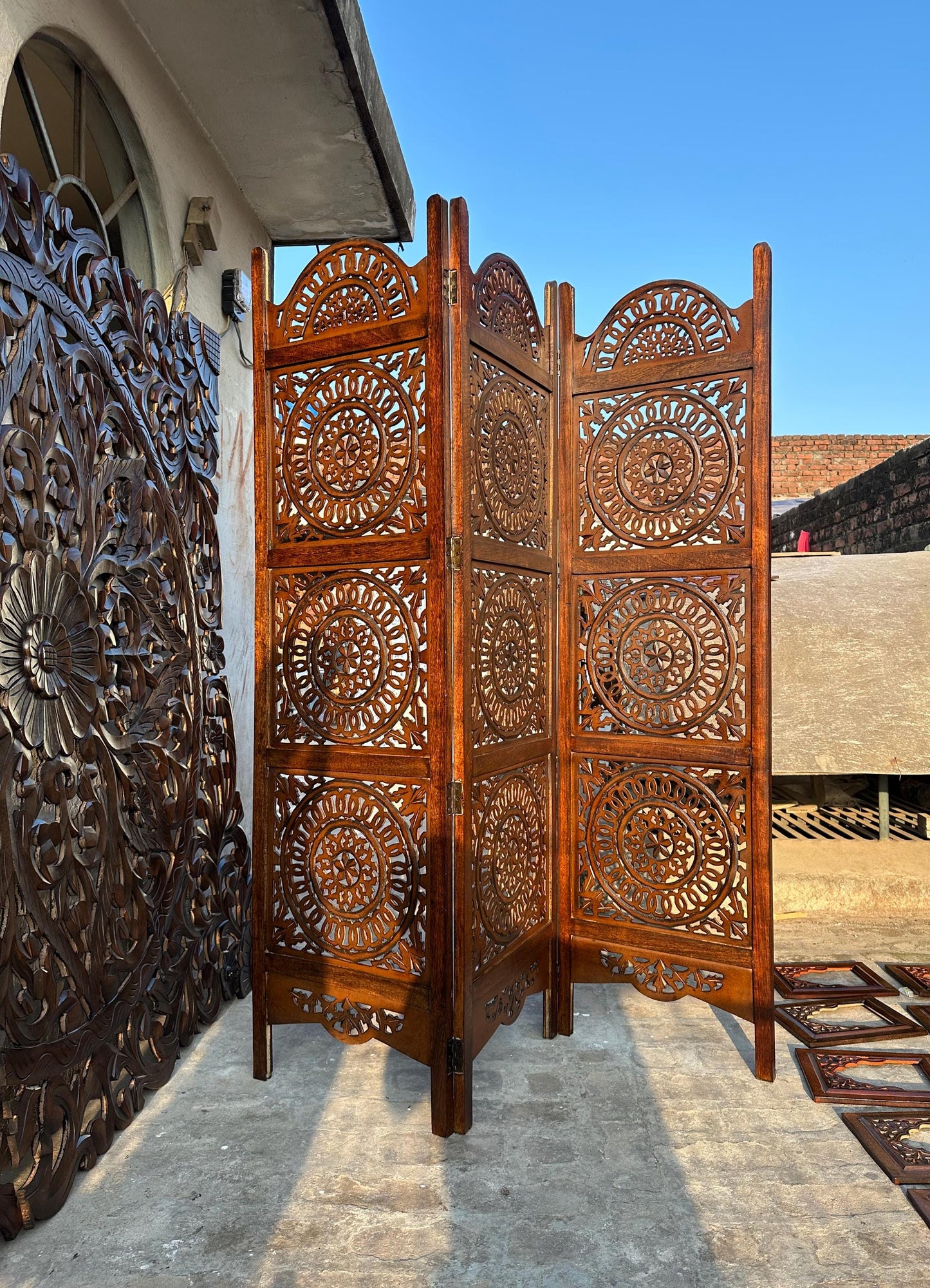 Mid-Century Modern Brown Wood Folding Room Divider: Carved Design