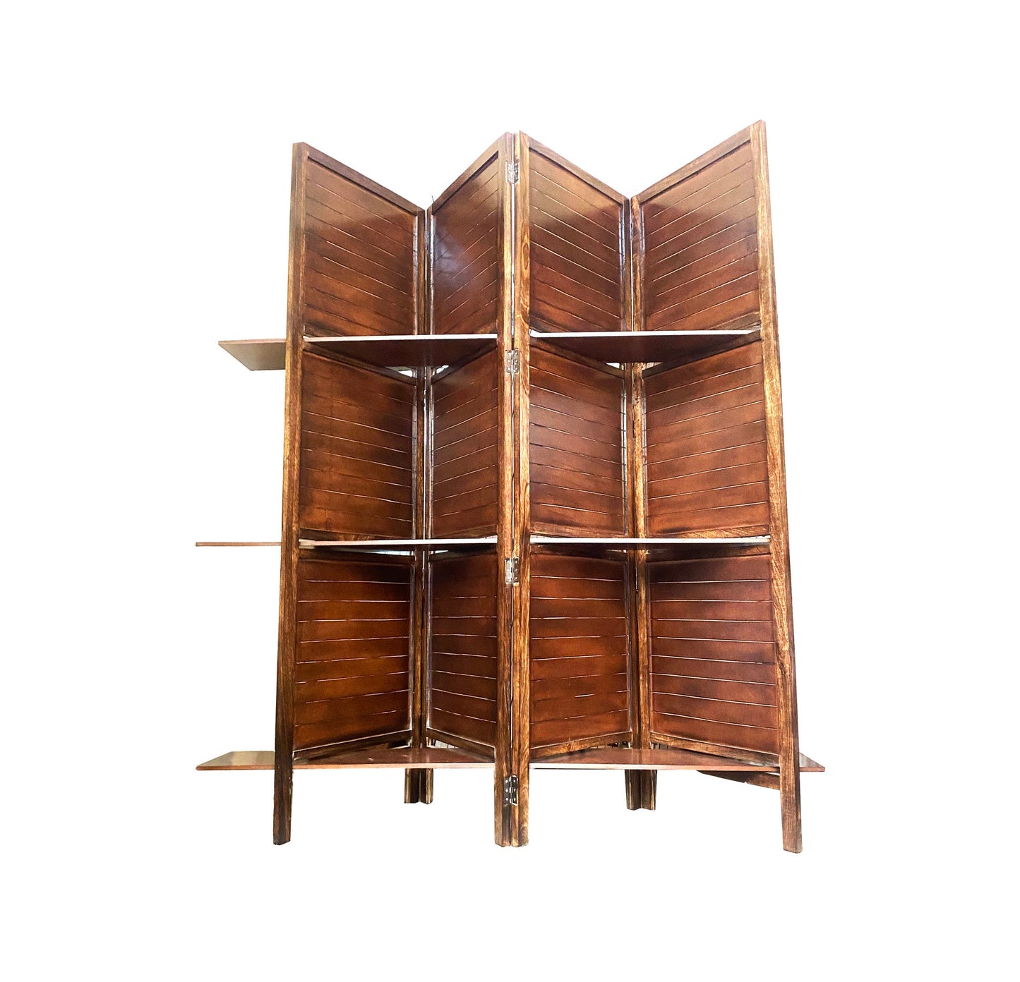 Handmade Wooden Folding Partition with Shelves: Brown Room Divider
