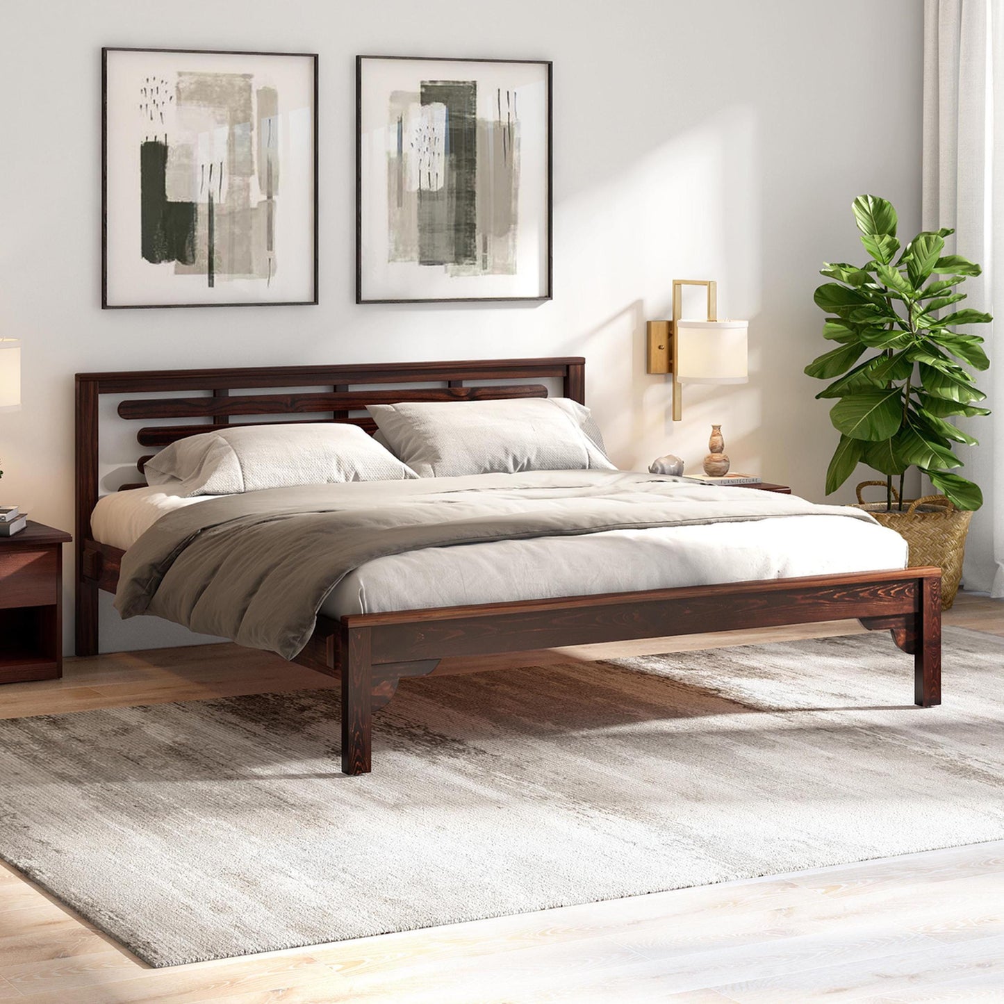 Handmade Slatted Mango Wood Bed Frame: Modern Bohemian Low Post