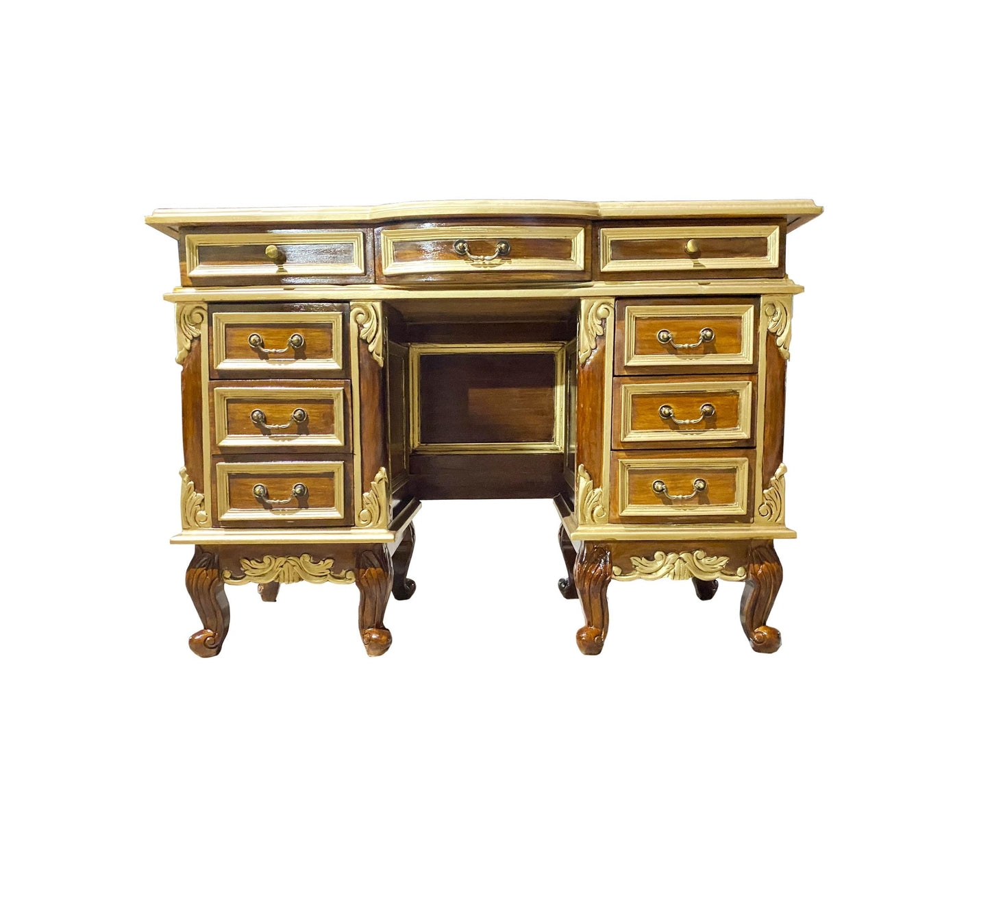 Hand Carved Teak Console Table: Mid-Century Modern Brown & Gold Accent