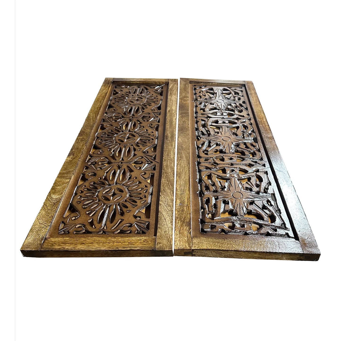 Mid-Century Modern Wood Wall Panel: Brown Flower Carving, 72x24 Inches