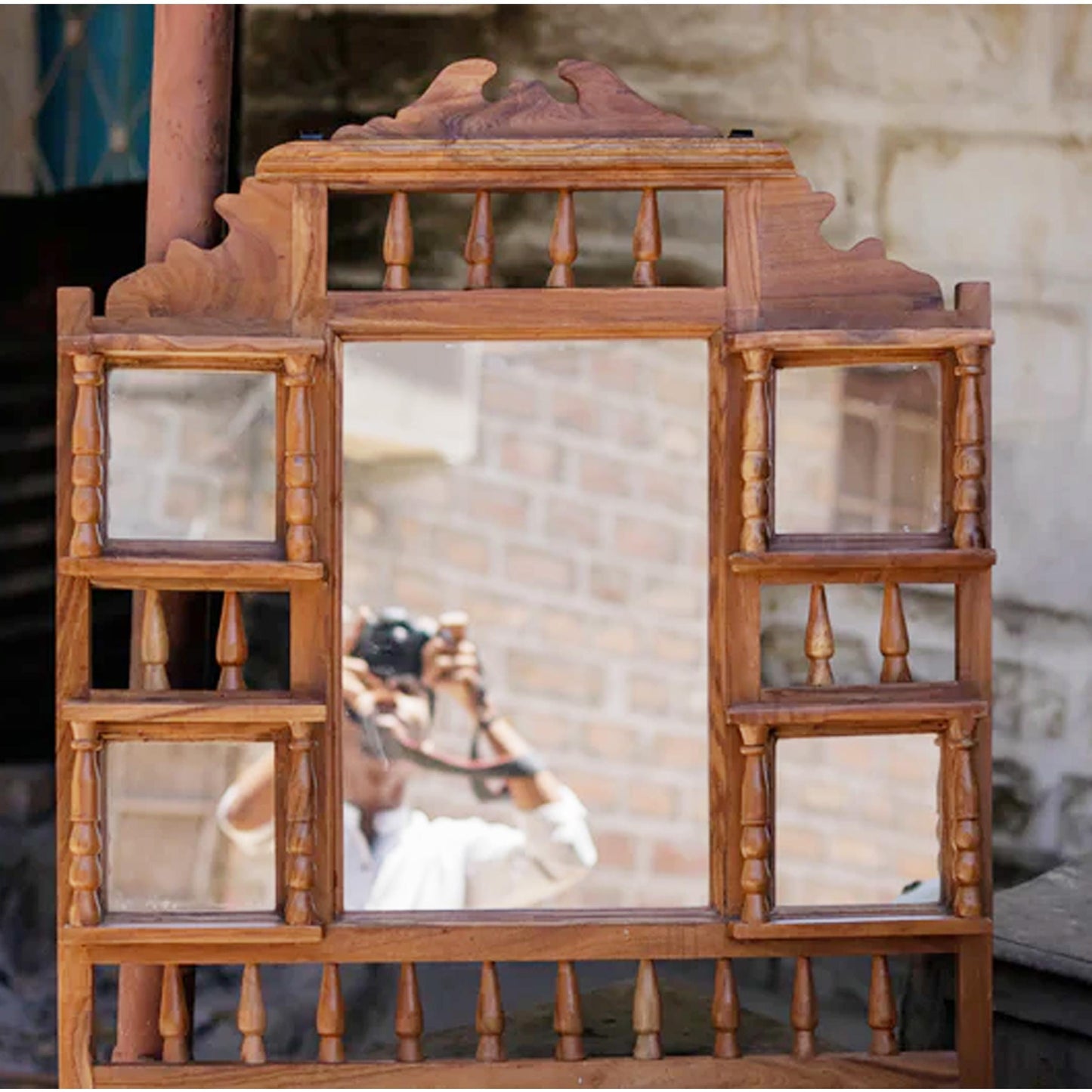 Mid Century Wooden Wall Mirror: Handmade Carved Wood Frame