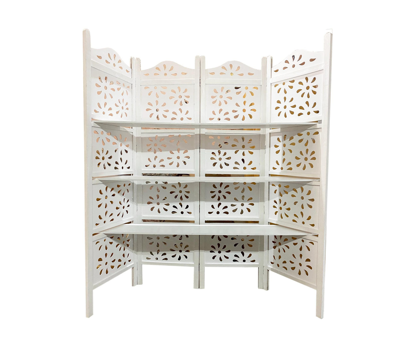 Handmade White Wooden Folding Room Divider with Shelves