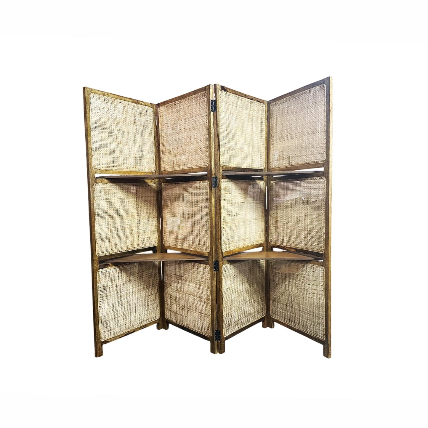 Natural Rattan cane Room partition Screen with shelf , Folding Divider, Mid-century Separator shelf organiser