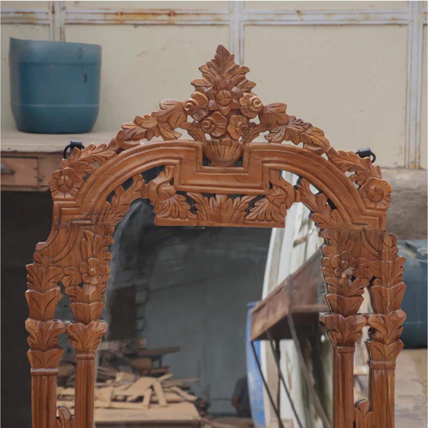 Hand Carved Wood Wall Mirror: Mid-Century Modern Decor (48x37 Inches