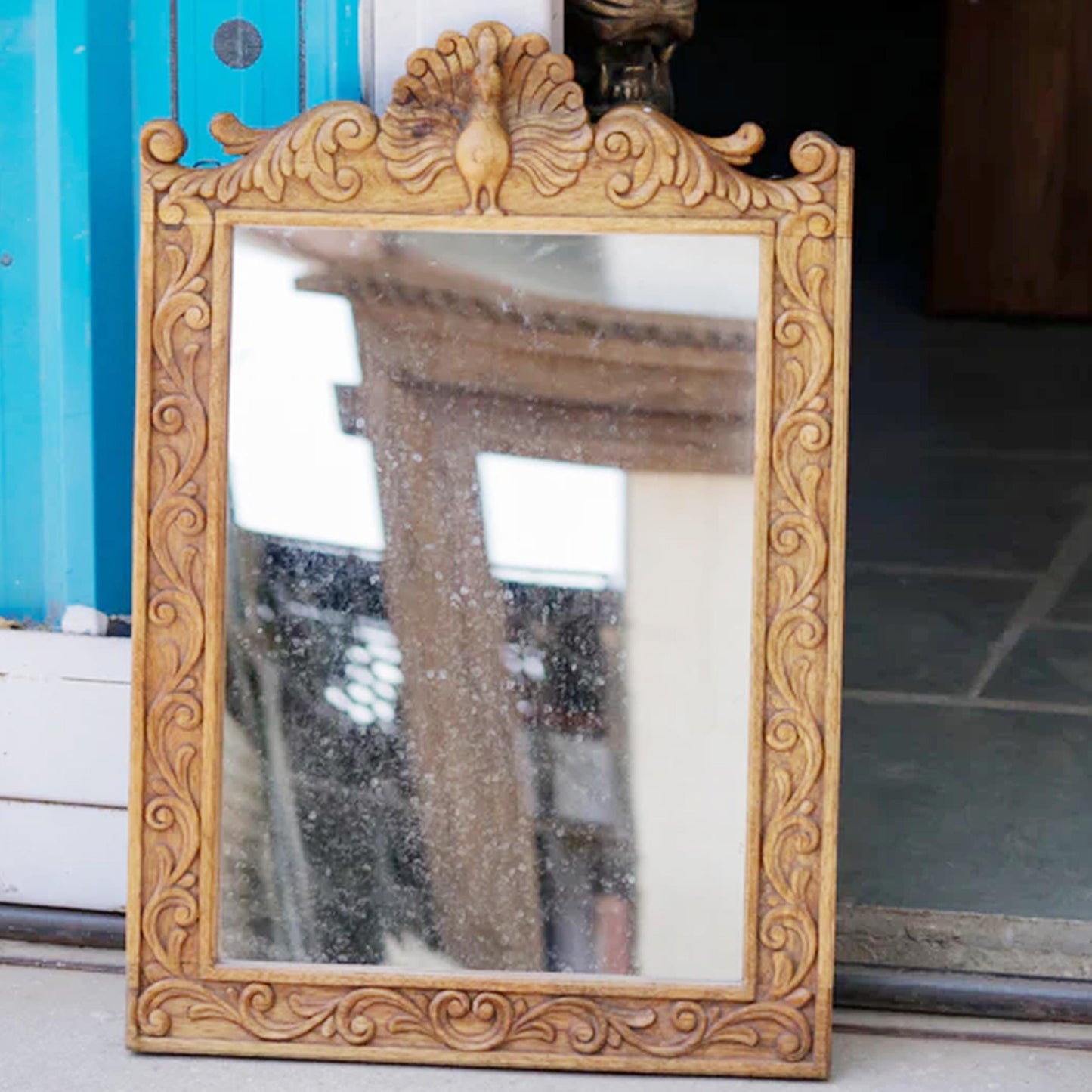 Handmade Mid-Century Gold Wood Wall Mirror: 28x19 In