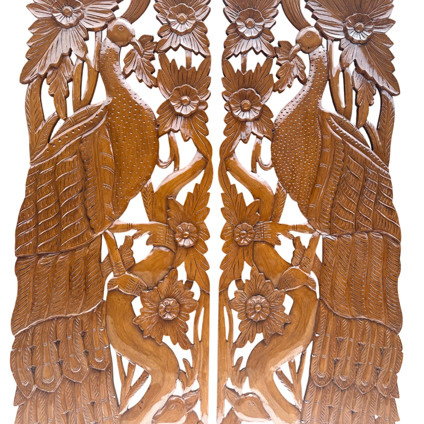 Mid-Century Modern Carved Wood Wall Panels: Peacock & Deer Art, Set of 2