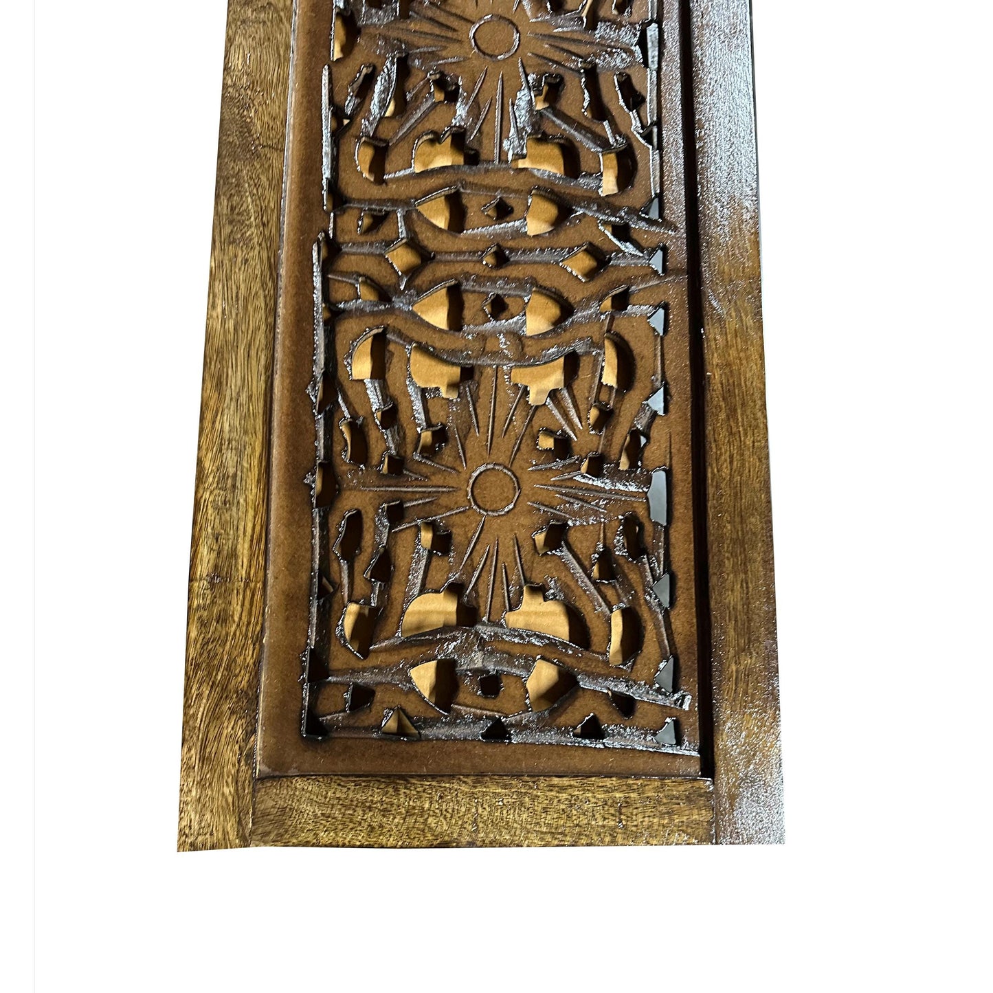 Mid-Century Modern Wood Wall Panel: Brown Flower Carving, 72x24 Inches