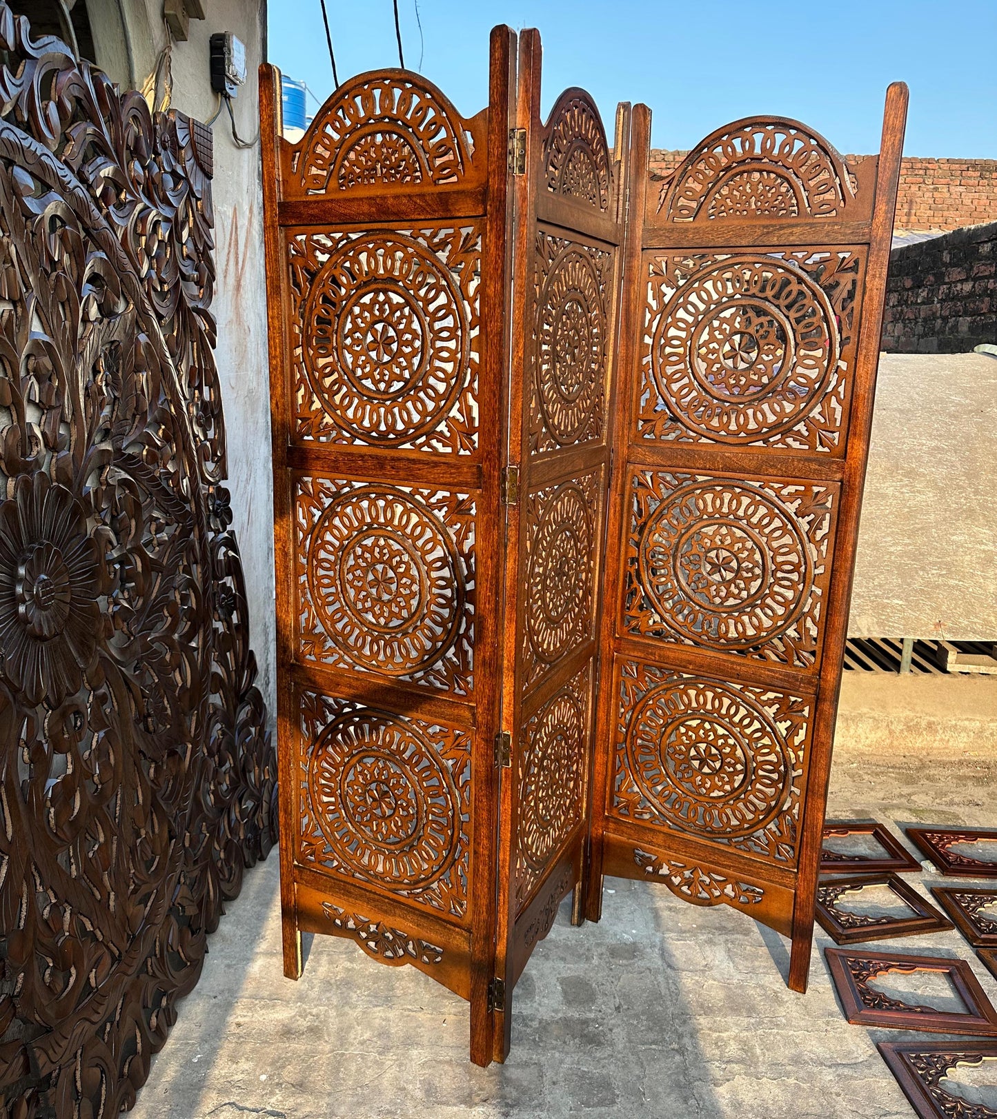 Mid-Century Modern Brown Wood Folding Room Divider: Carved Design