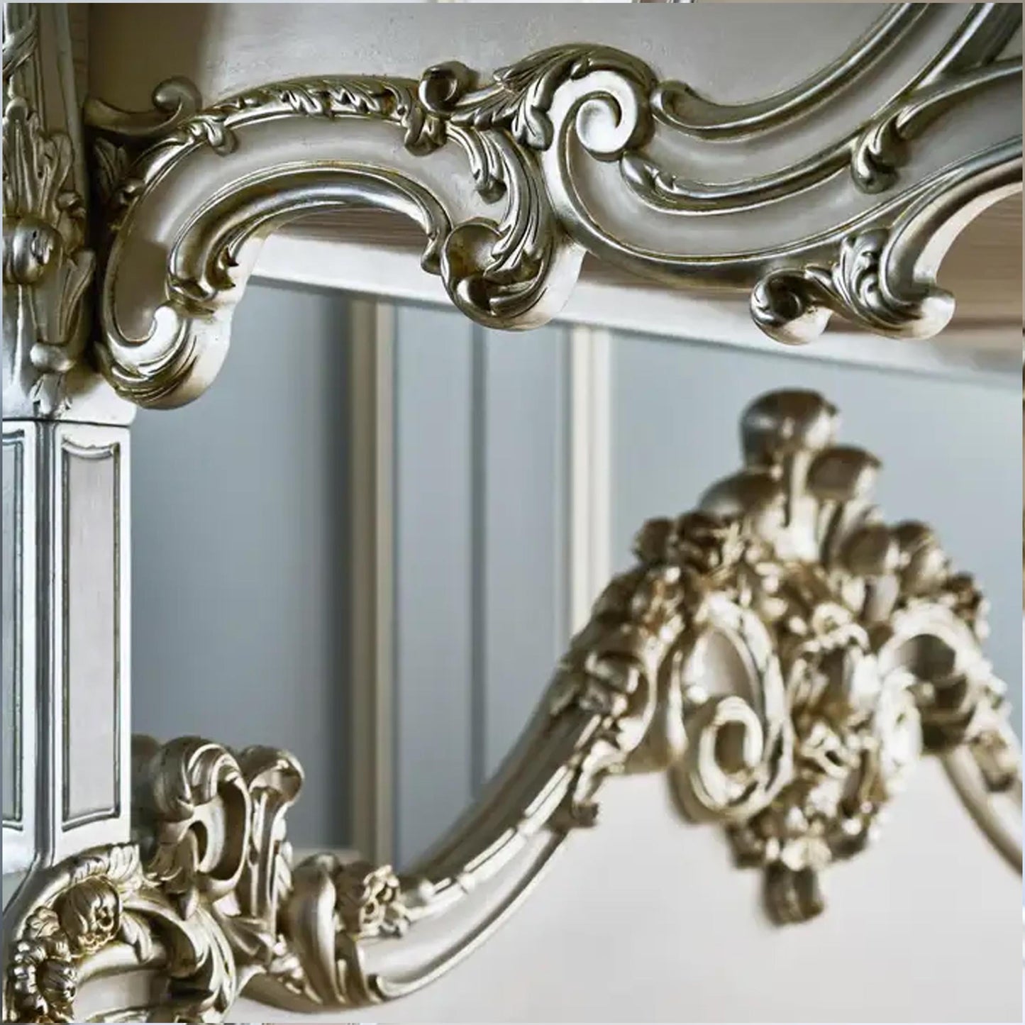 Hand Carved Rococo Style Bed Frame: Silver Gilt Wood, Four Poster