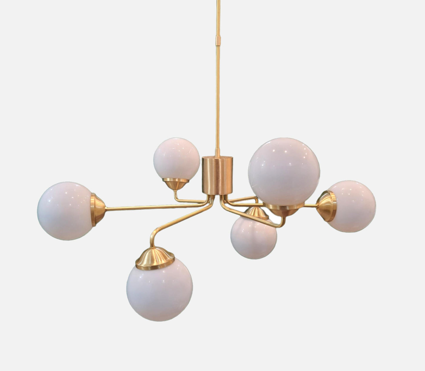 Opal Globe Sputnik Chandelier: Raw Brass Mid Century Modern Light