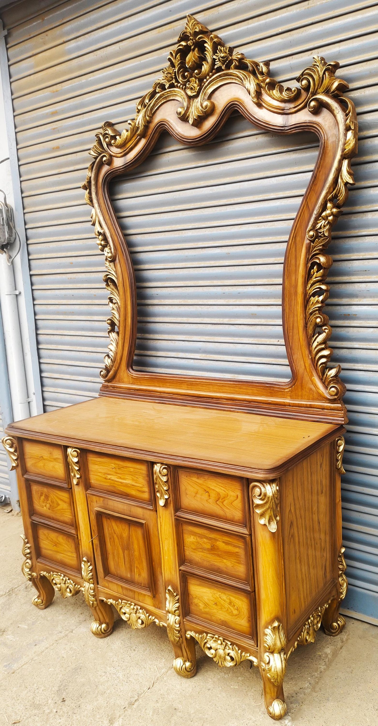 Large Carved Teak Wood Vanity Table with Mirror