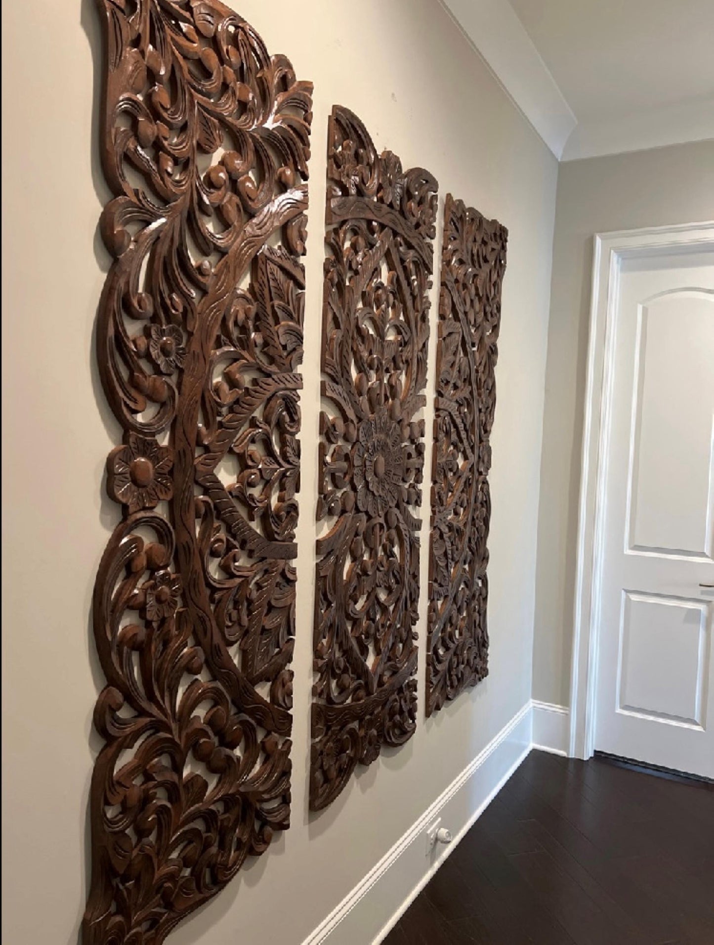 Flower Design Wooden Hanging Fixture, Large Walnut Carving Wall décor, mandola Arts