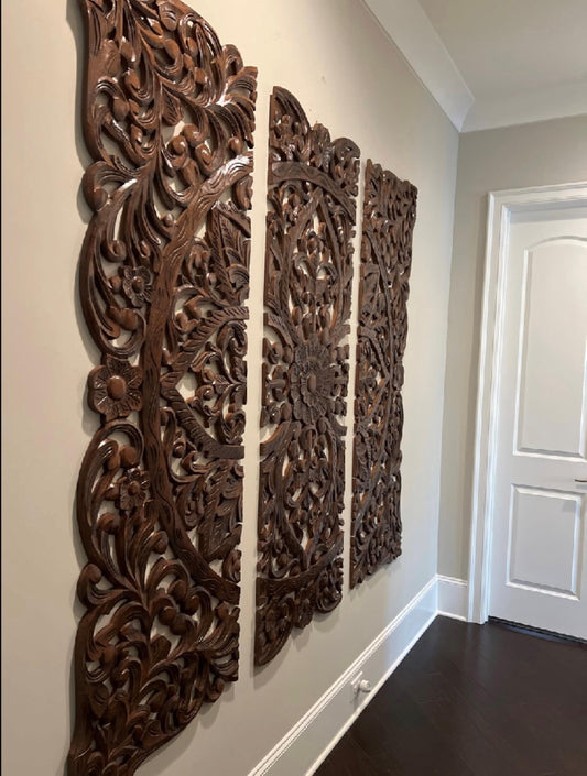 Flower Design Wooden Hanging Fixture, Large Walnut Carving Wall décor, mandola Arts