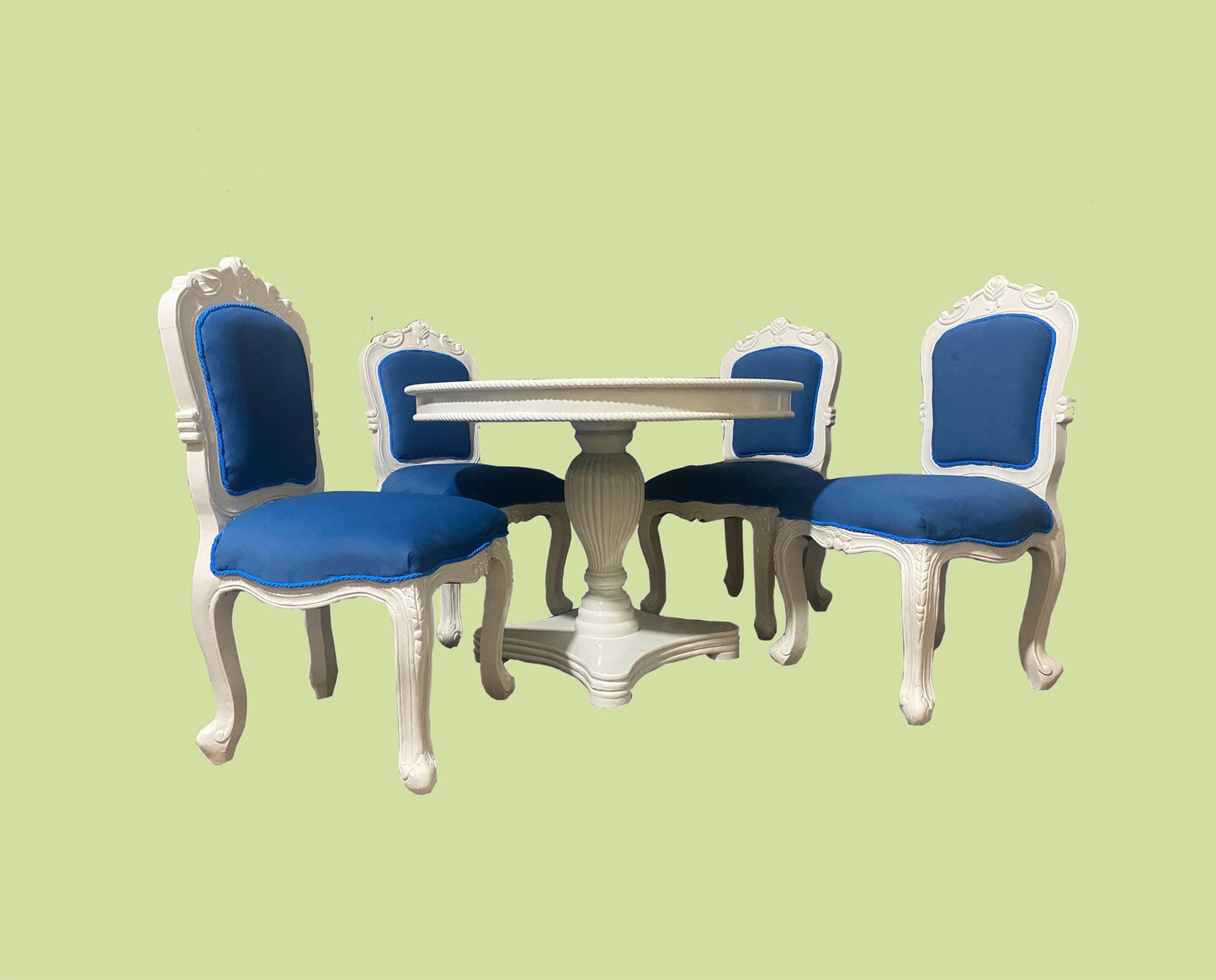 Hand Carved Rococo Dining Table & Blue Tufted Chairs - Off White