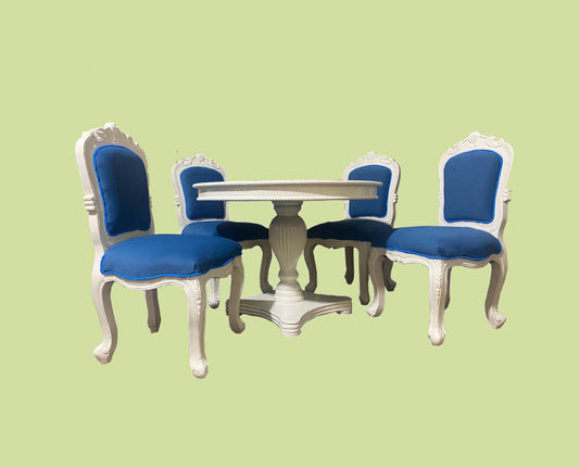 Hand Carved Rococo Dining Table & Blue Tufted Chairs - Off White