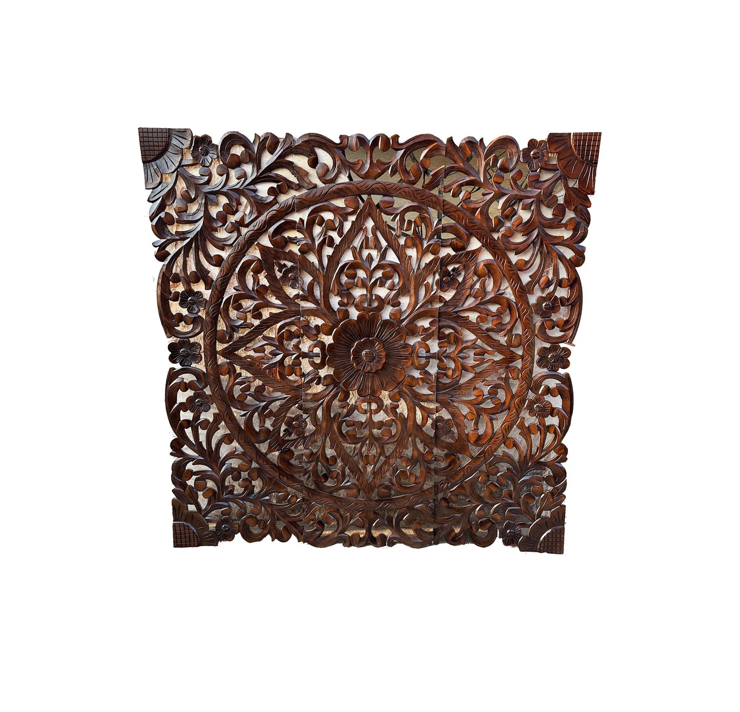 Mid century Wooden Hanging Fixture, Handmade Large Brown Carving Wall décor, mandola Arts