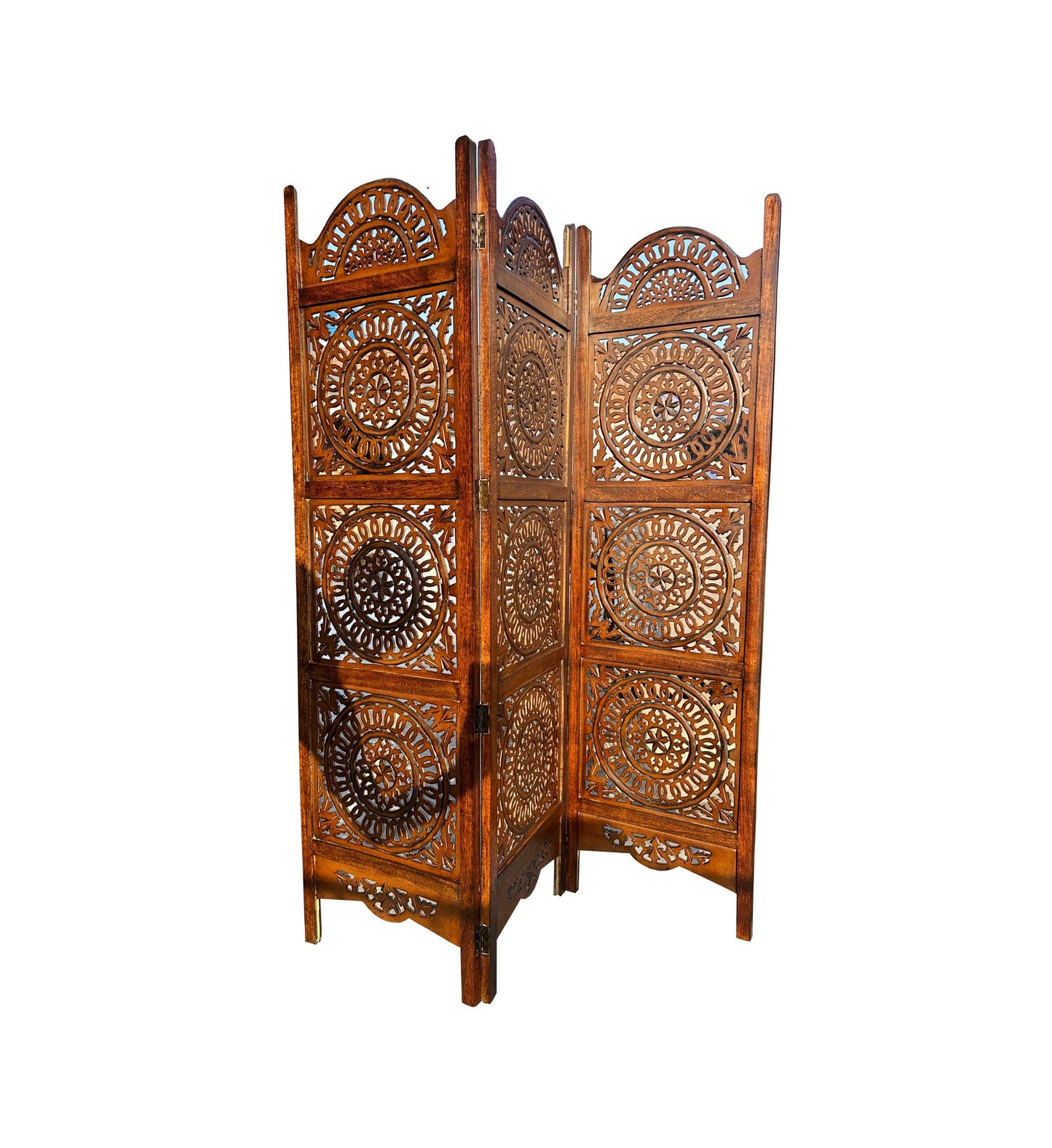 Mid-Century Modern Brown Wood Folding Room Divider: Carved Design