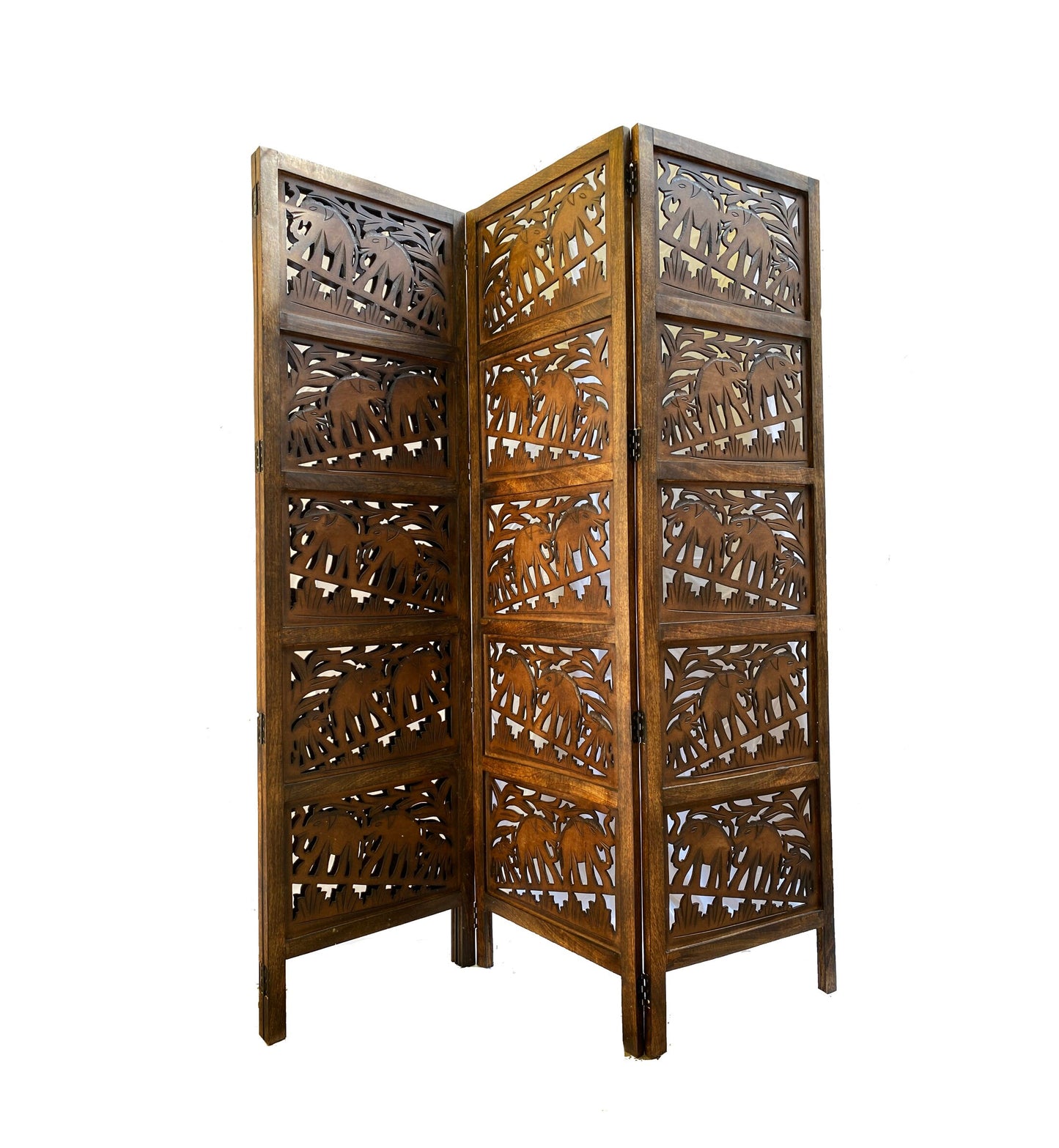 Mid century Elephant carving Design Wooden Folding Divider, Partition, Handmade Self standing separator