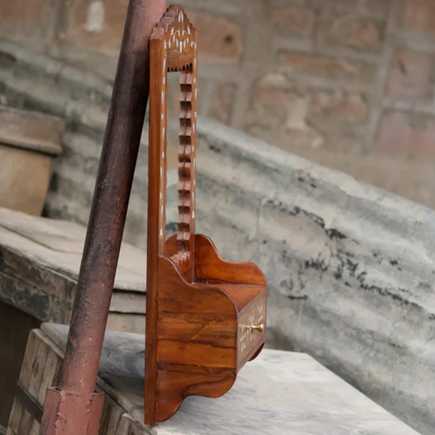 Hand Painted Wood Wall Hanging Mirror with Shelf: Mid-Century Decor