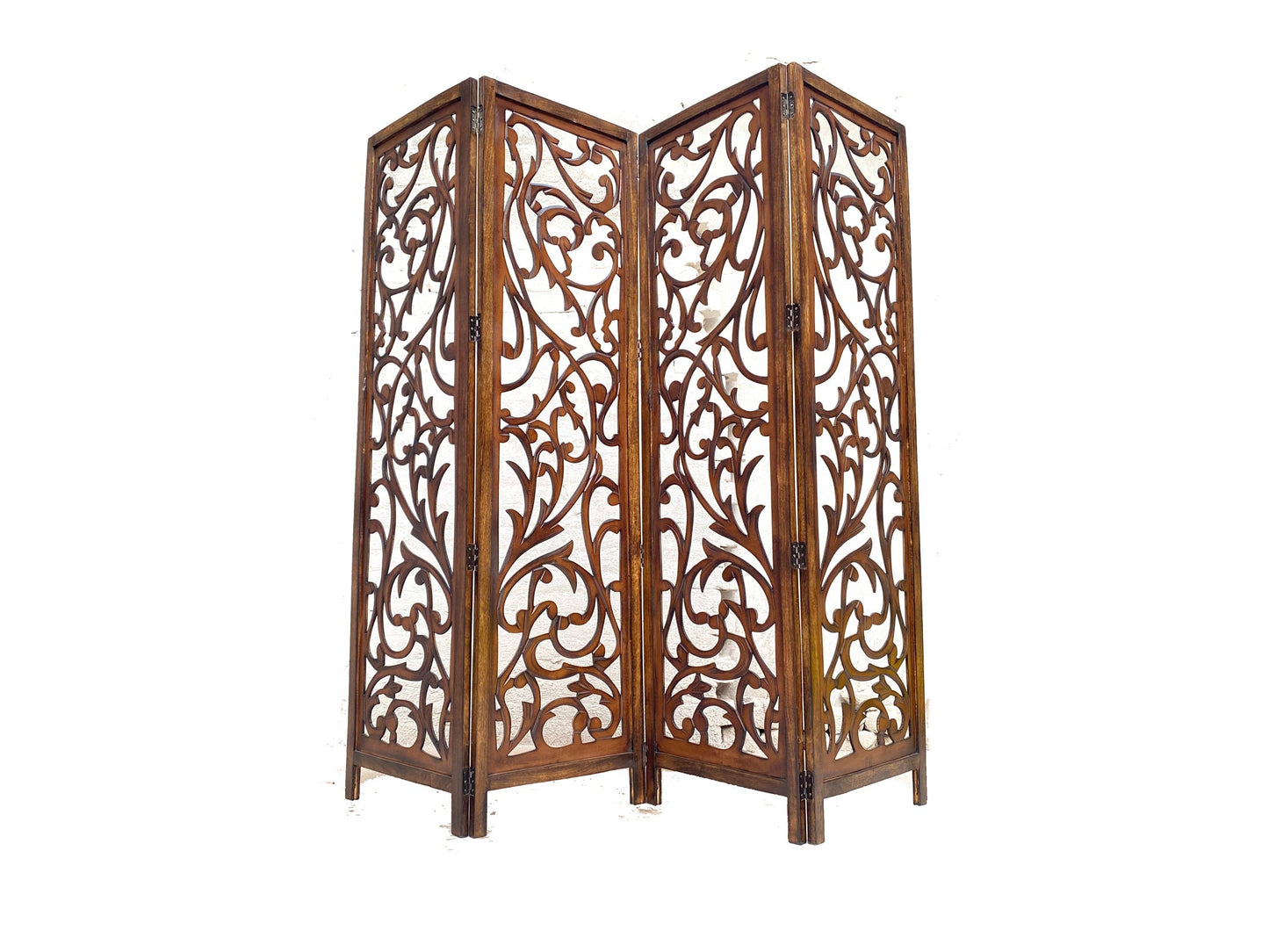 Mid century 4 feet Floral design Wooden Folding Divider, Partition, Handmade Self standing screen
