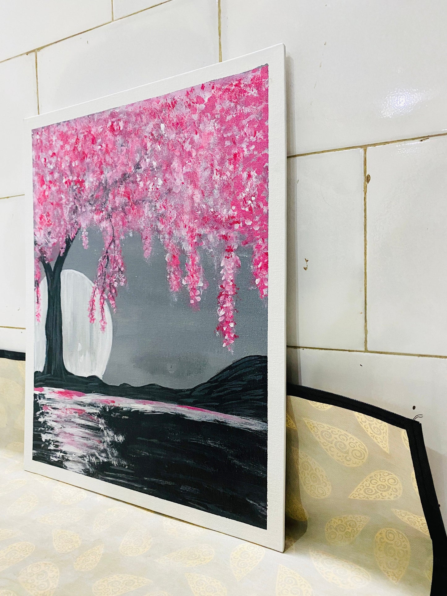 Hand Painted Full Moon With Aglaonema Tree Painting on canvas, Wall décor for home and office