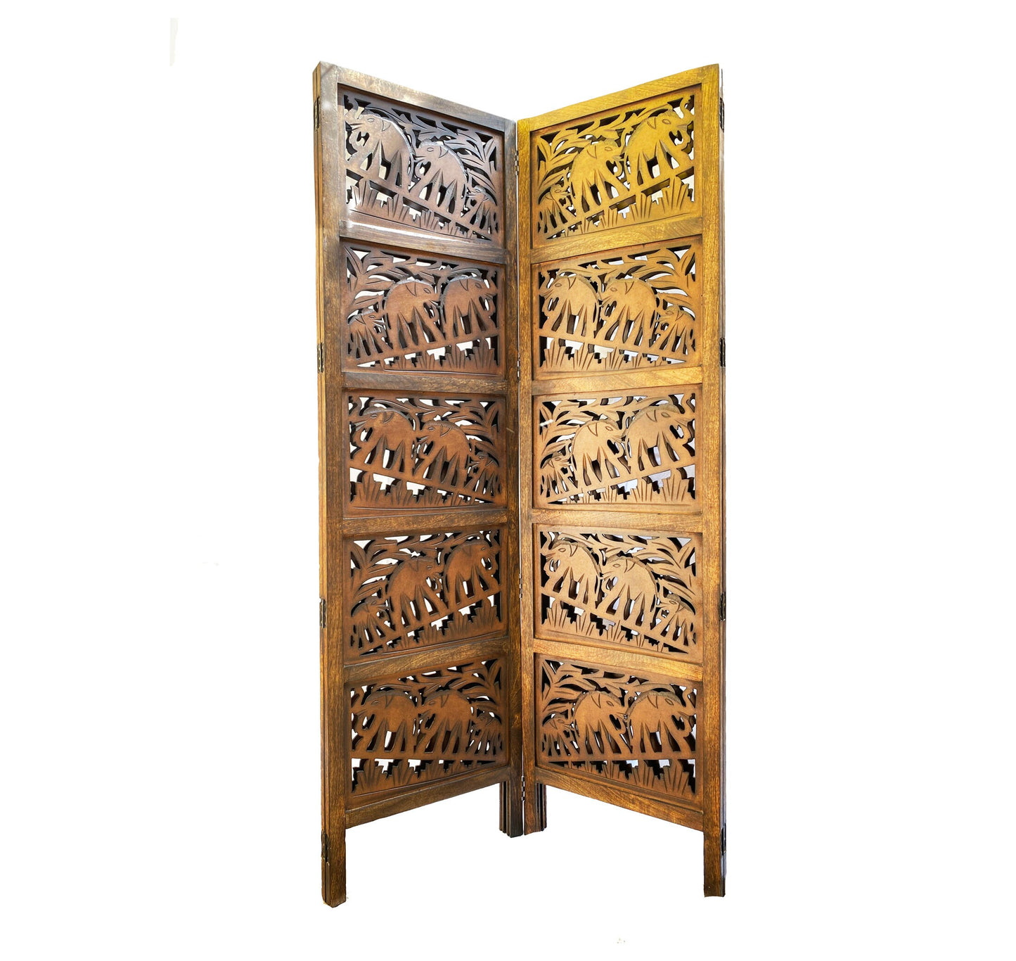 Mid century Elephant carving Design Wooden Folding Divider, Partition, Handmade Self standing separator