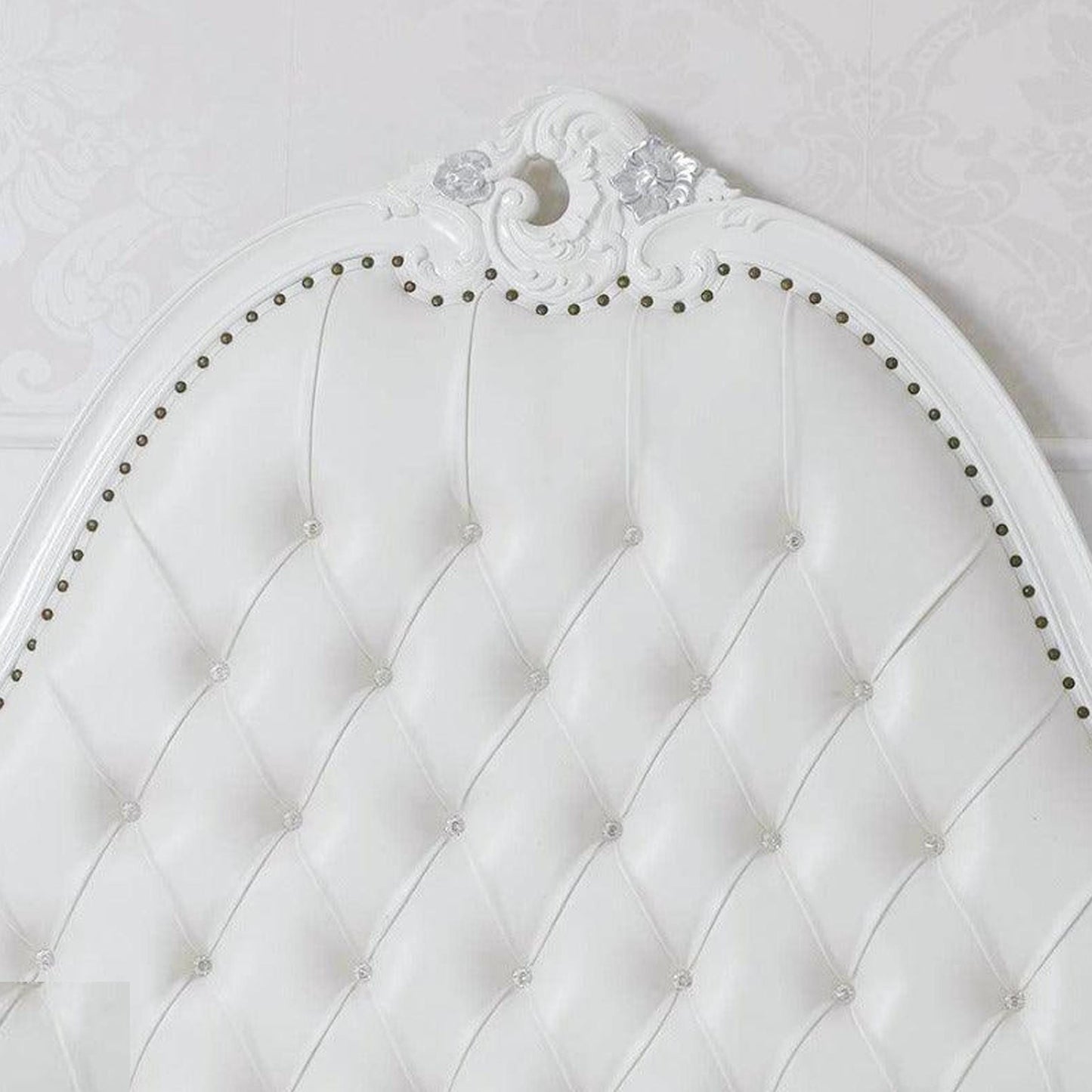Louis XV Style Bed Frame: White & Silver Giltwood, Tufted Headboard