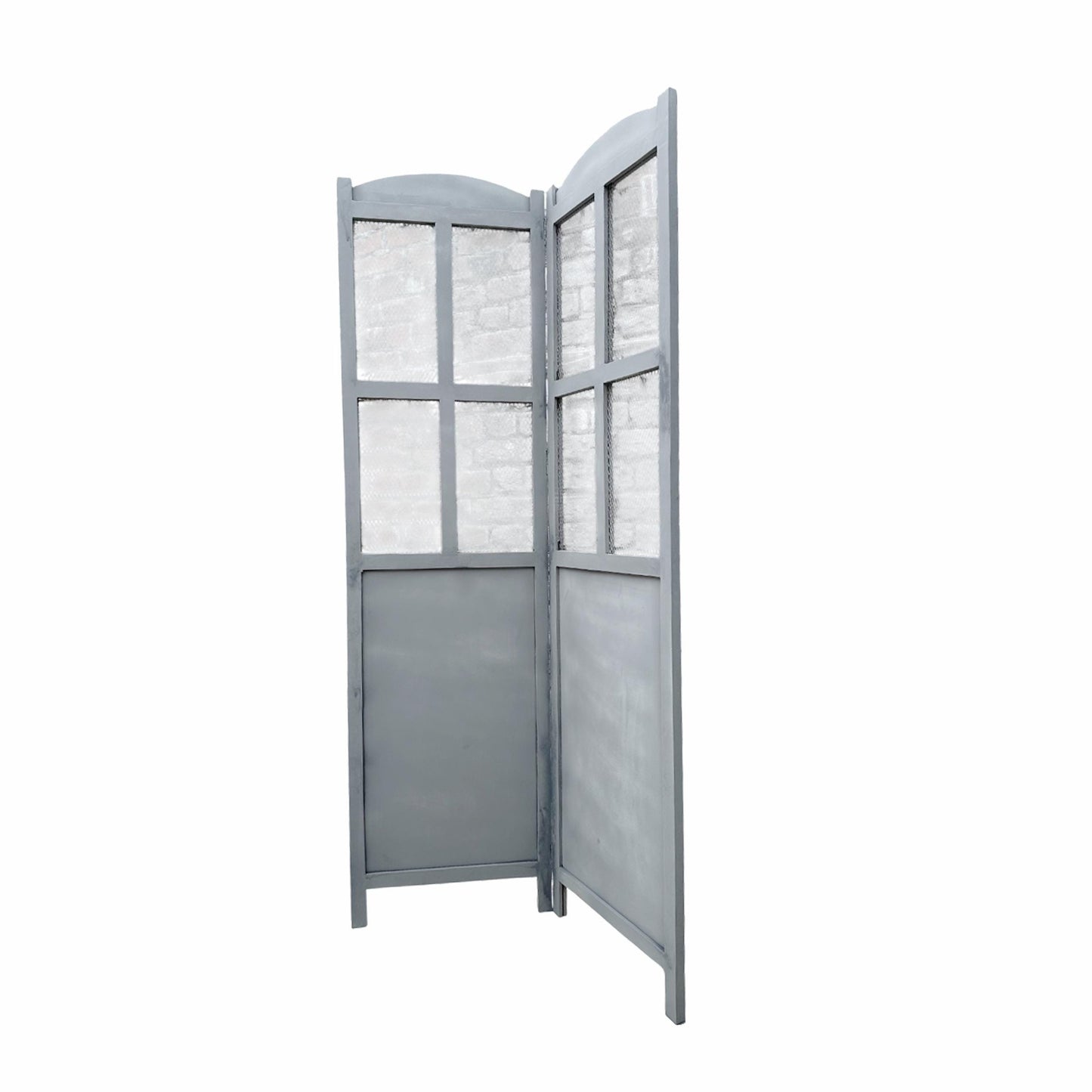 Mid century Metal Mesh Design Wooden Folding Divider,Grey Partition, Handmade Self standing separator