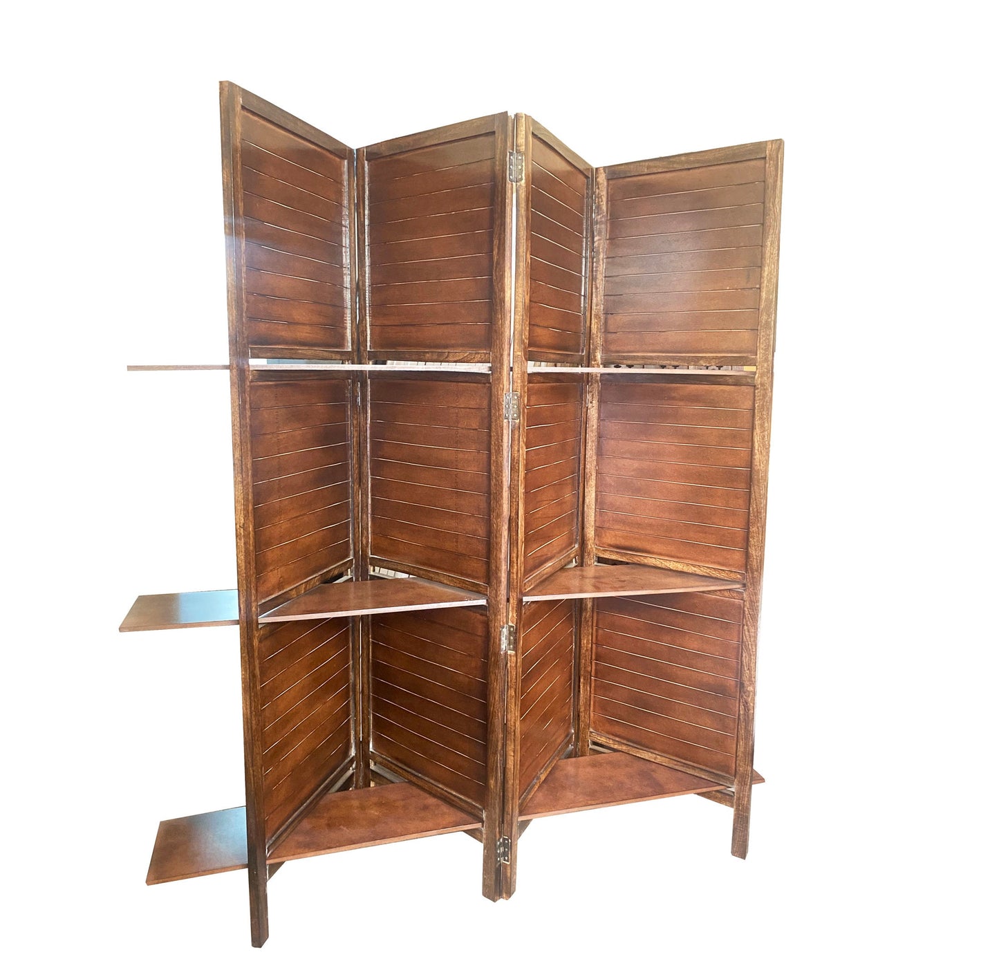 Handmade Wooden Folding Partition with Shelves: Brown Room Divider