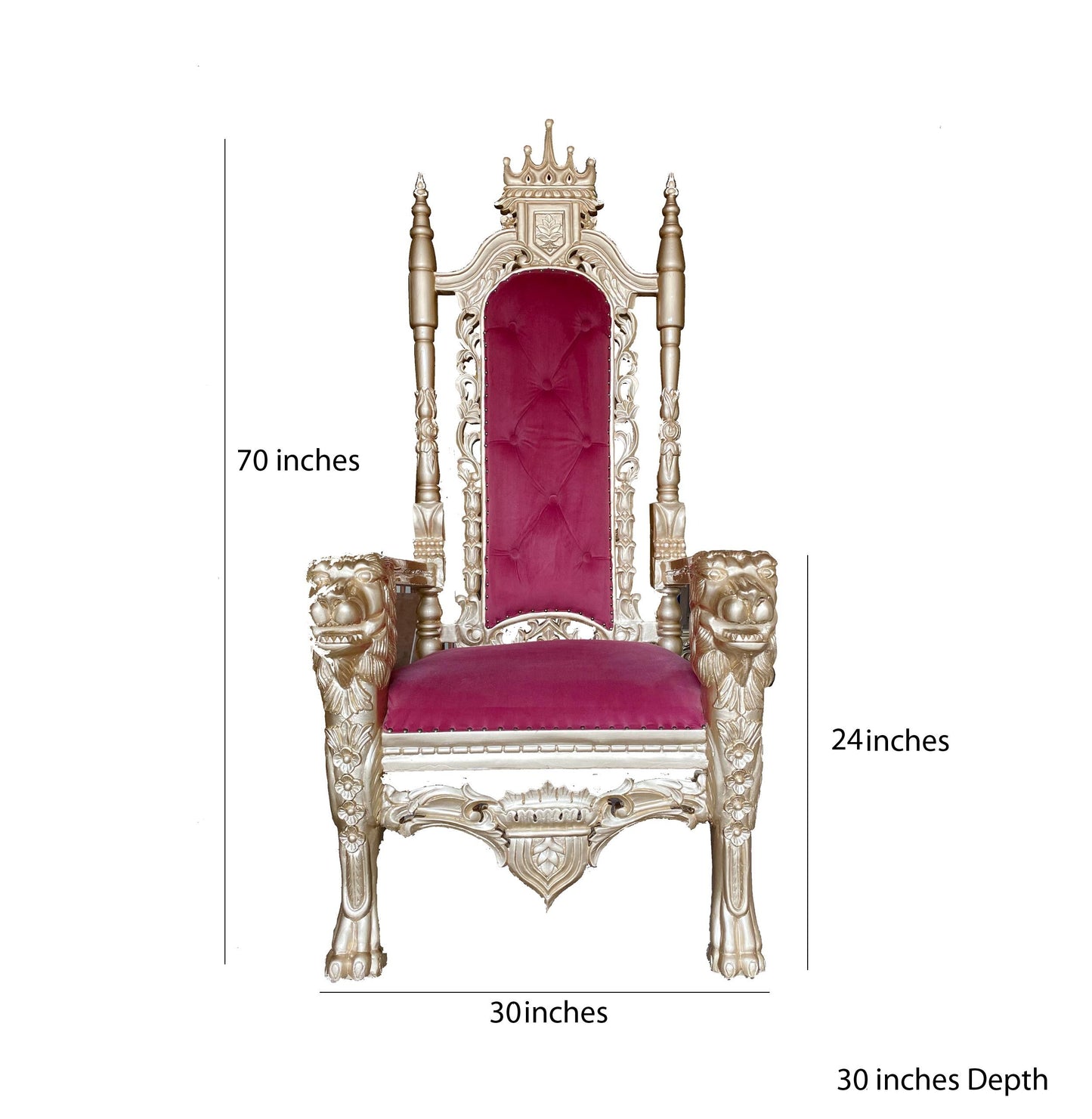 Hand Carved Gold Lion Throne Chair: Rococo Style, Tufted Cushion
