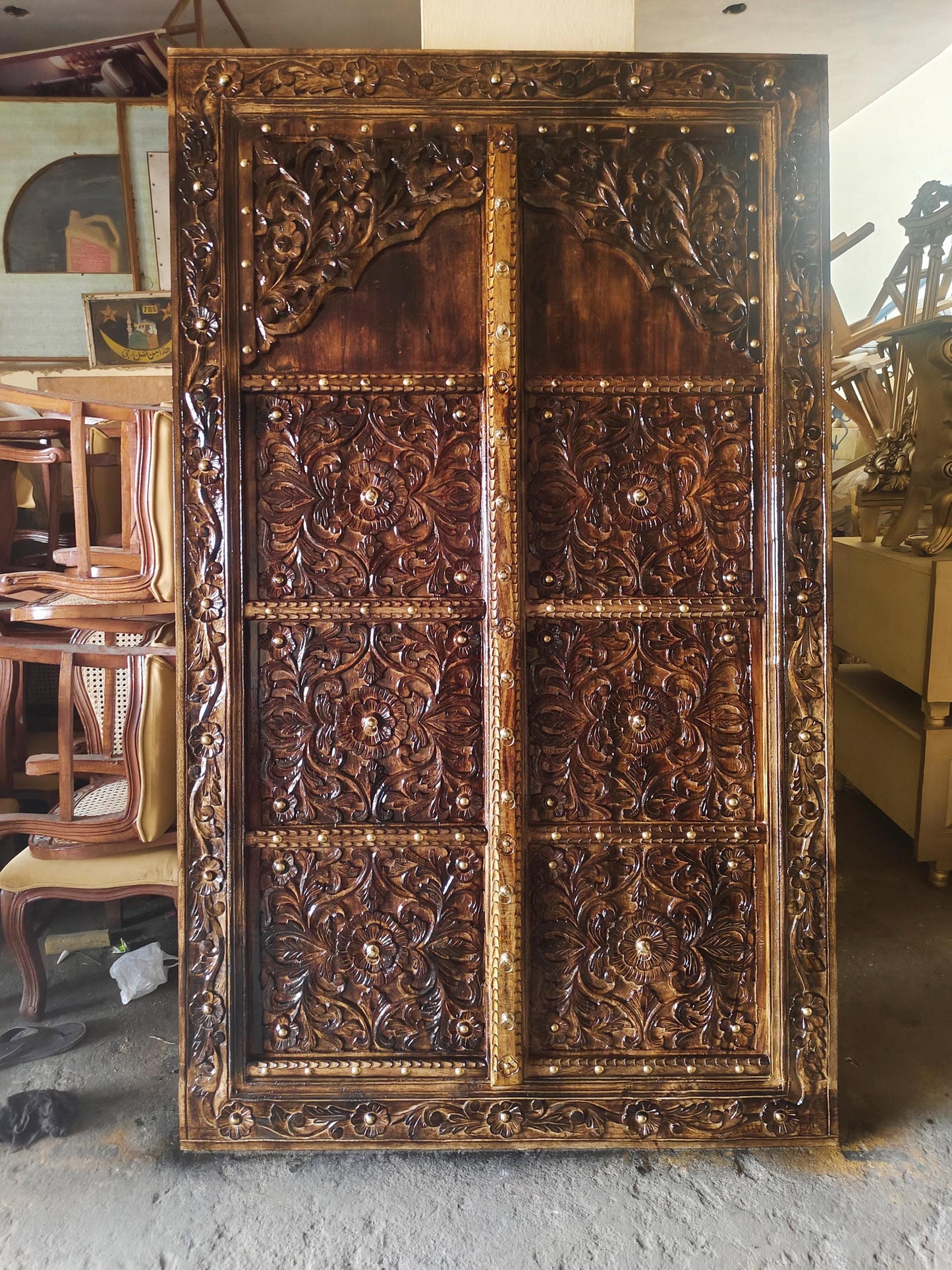 Hand Carved Wood Door Panel: Antique Brown Wall Decor