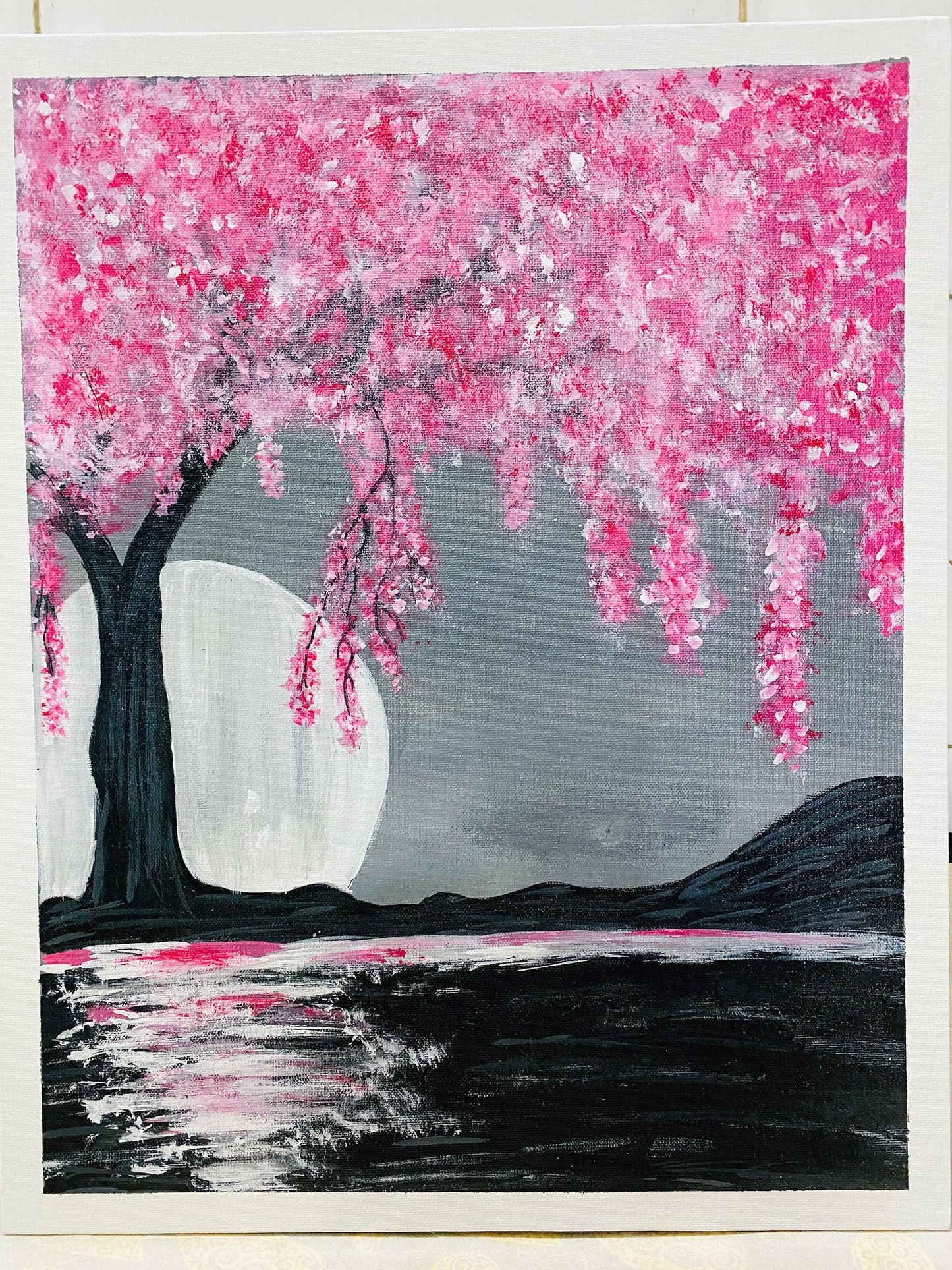 Hand Painted Full Moon With Aglaonema Tree Painting on canvas, Wall décor for home and office