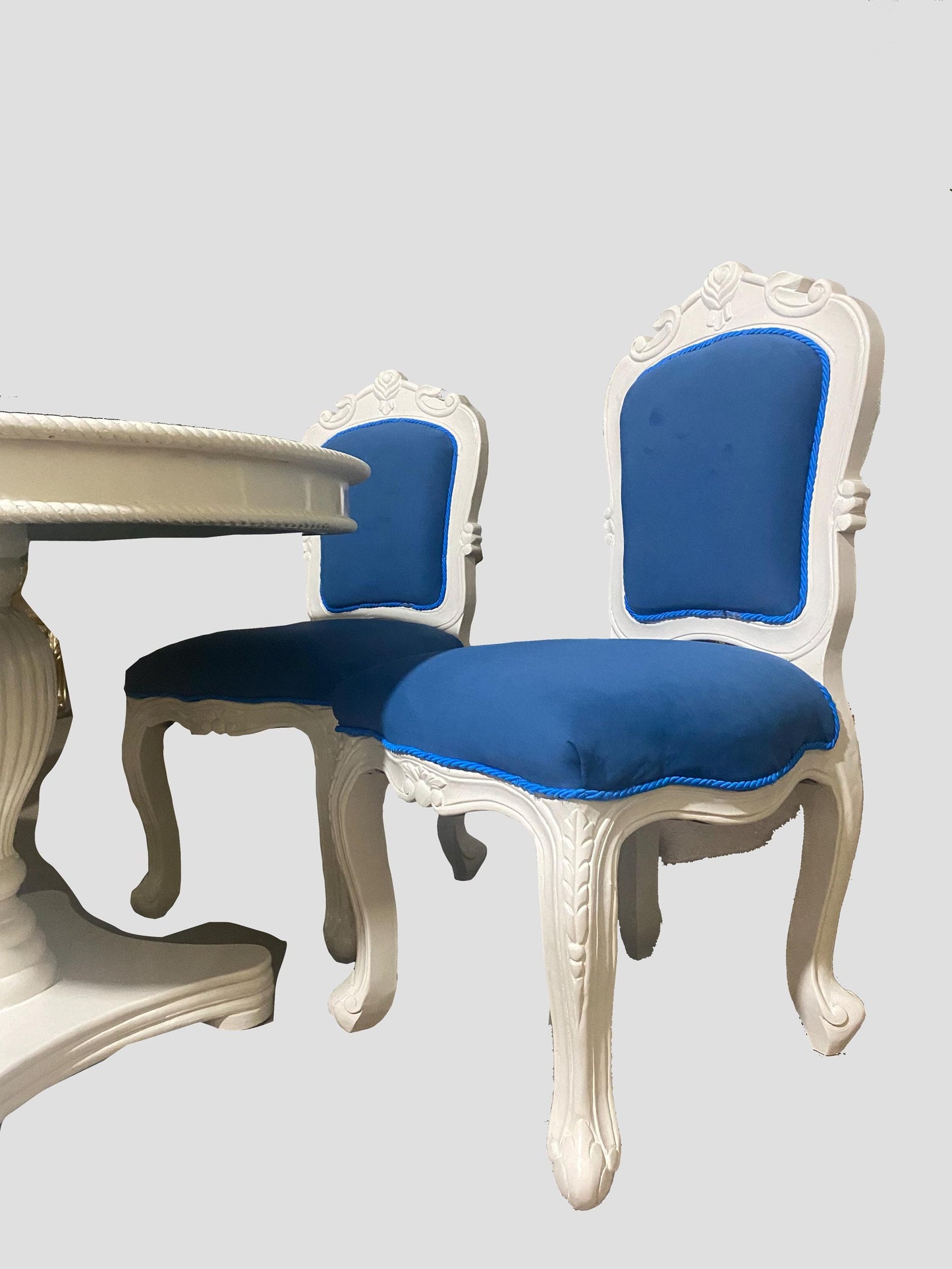 Hand Carved Rococo Dining Table & Blue Tufted Chairs - Off White