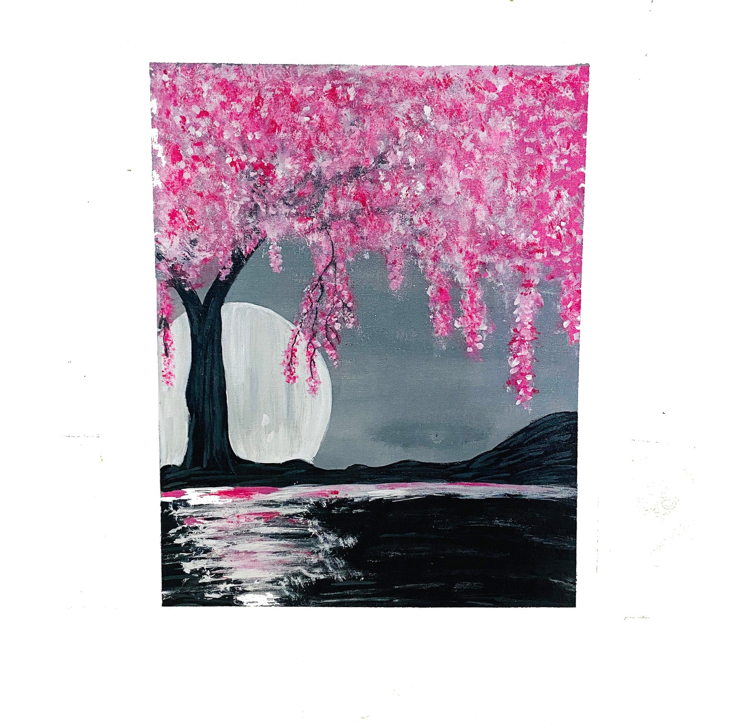 Hand Painted Full Moon With Aglaonema Tree Painting on canvas, Wall décor for home and office