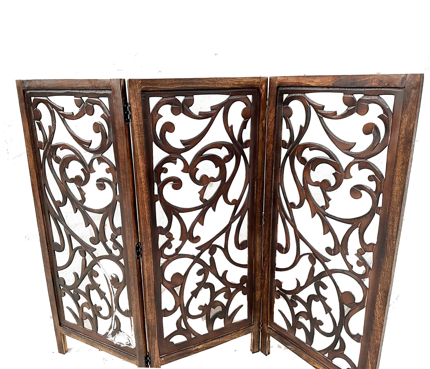 Mid century 4 feet Floral design Wooden Folding Divider, Partition, Handmade Self standing screen