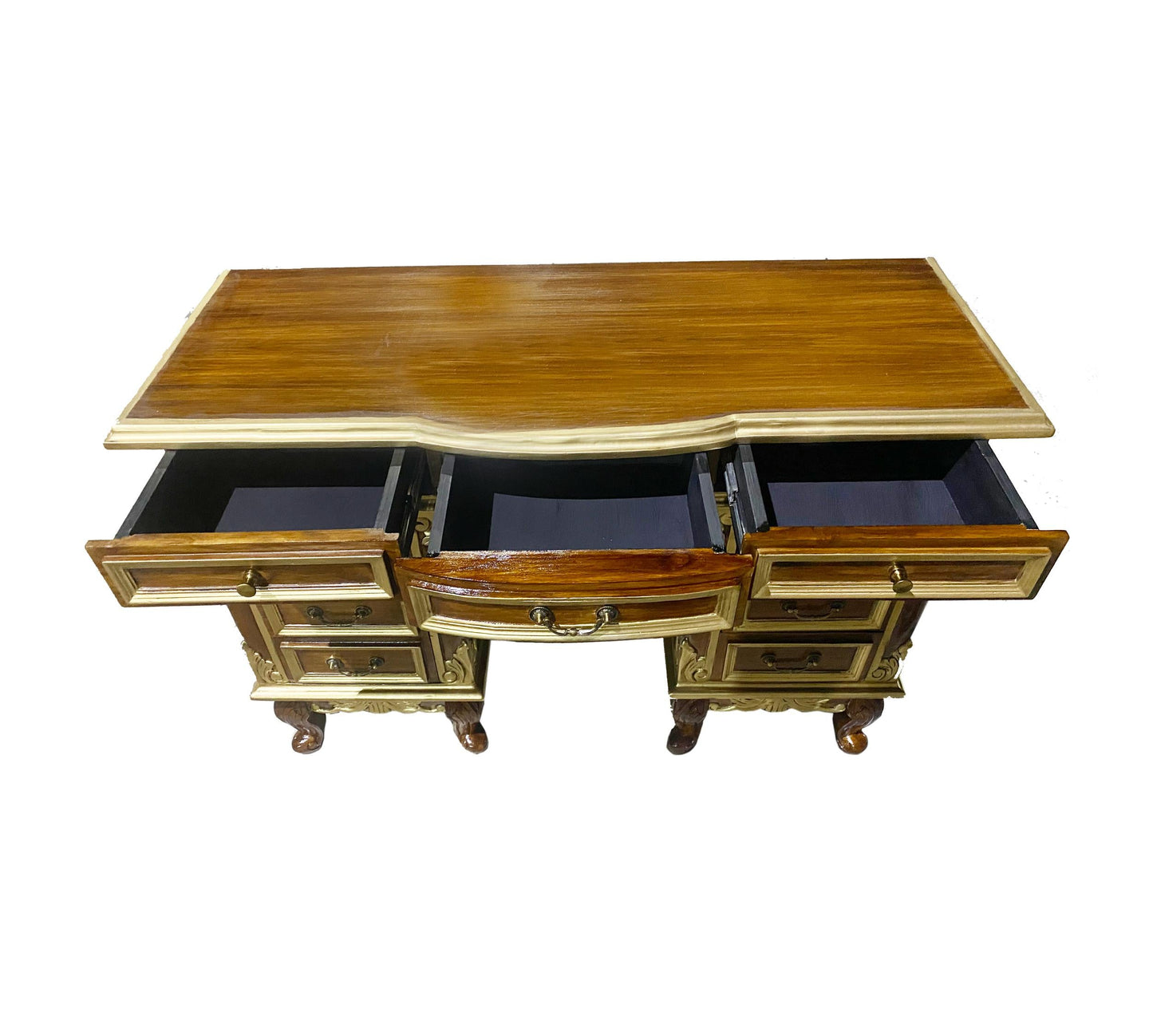 Hand Carved Teak Console Table: Mid-Century Modern Brown & Gold Accent