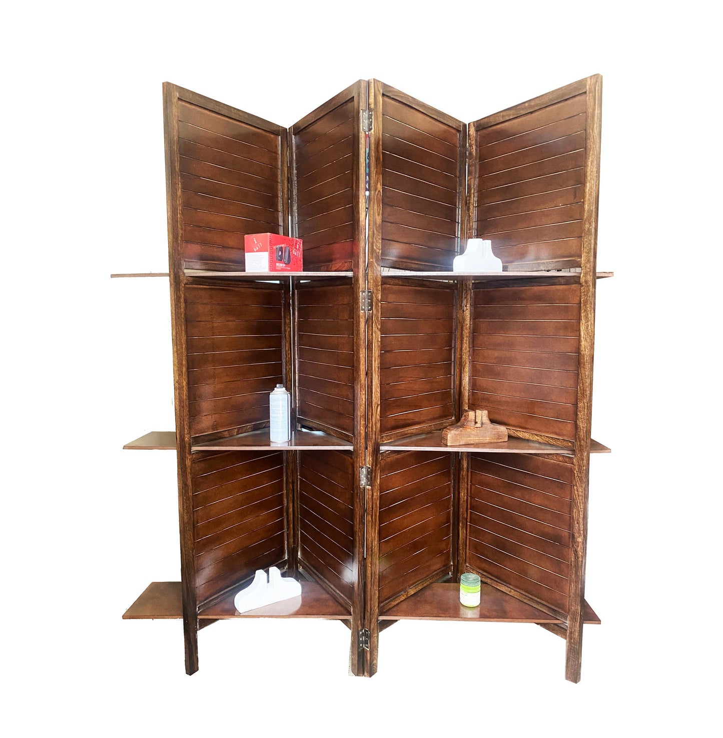 Handmade Wooden Folding Partition with Shelves: Brown Room Divider