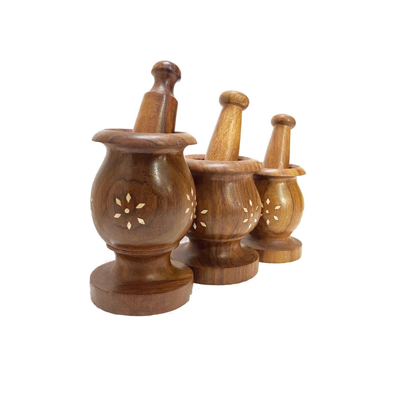 3 x Wooden mortar & pestle set, handmade Flower engraved design spice grinder