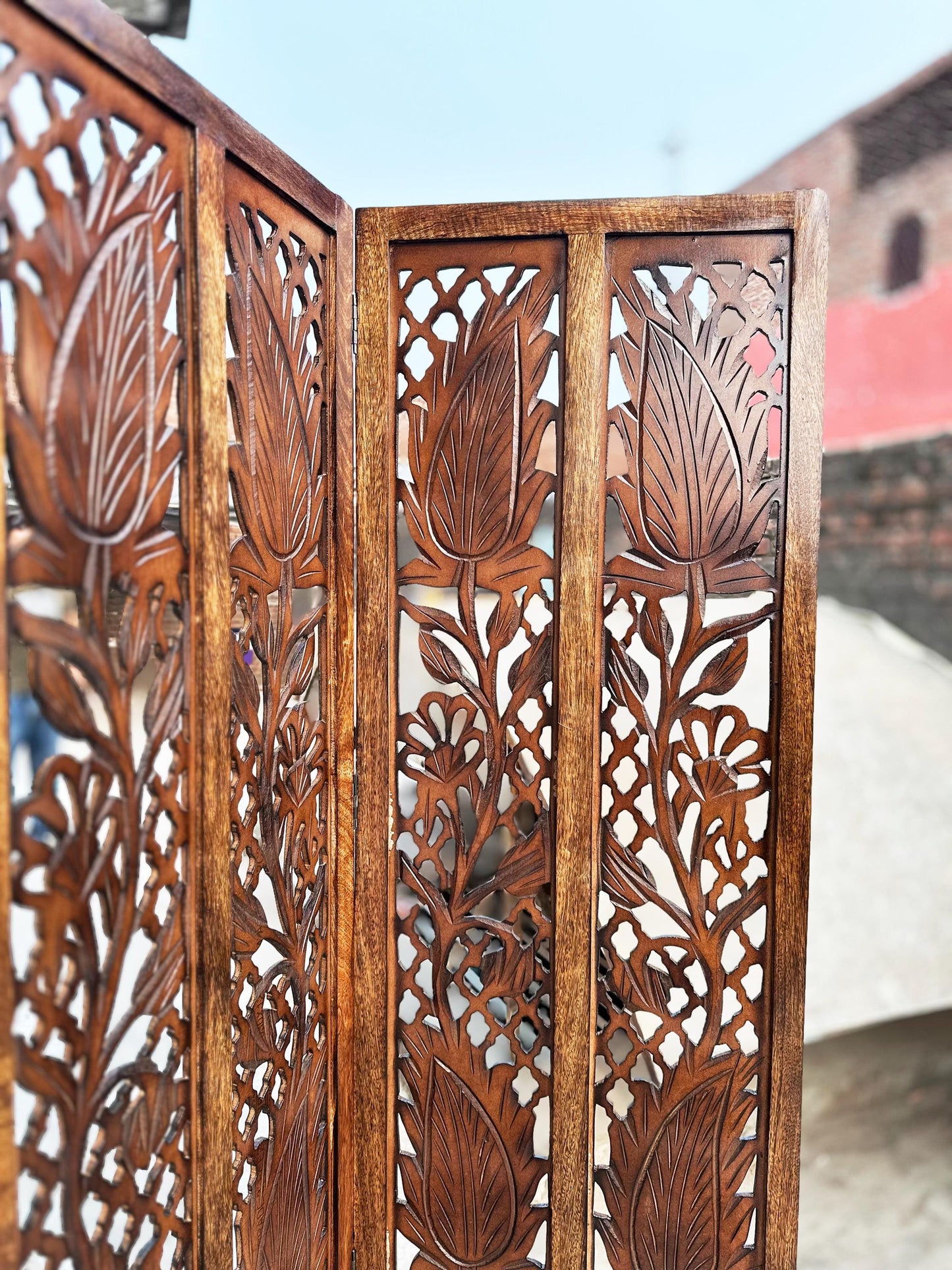 Mid century Brown Mesh Design Wooden Folding Divider, Partition, Handmade Self standing screen