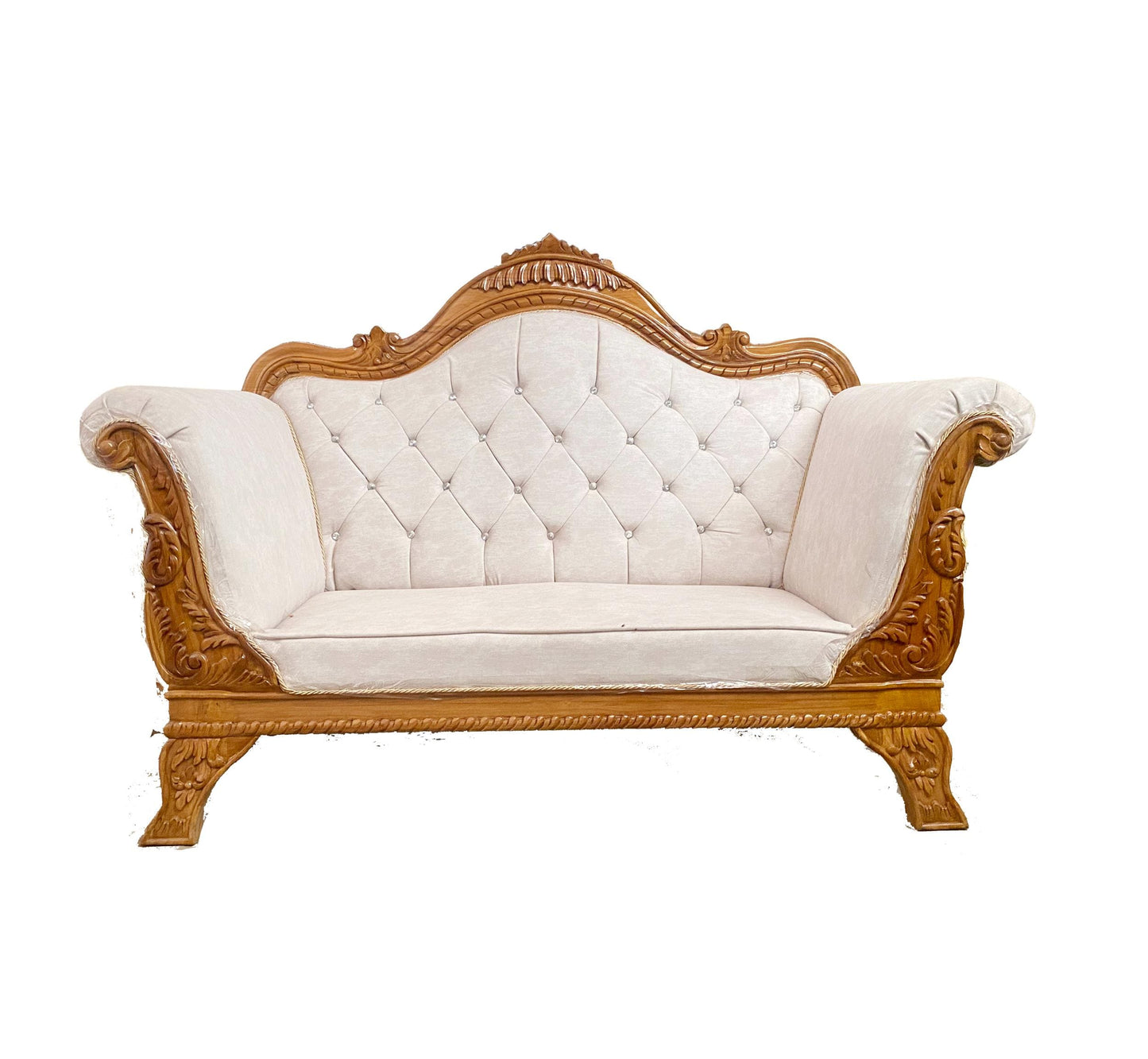 Handmade Louis XVI Style Sofa: Teak Wood, Cream Upholstery