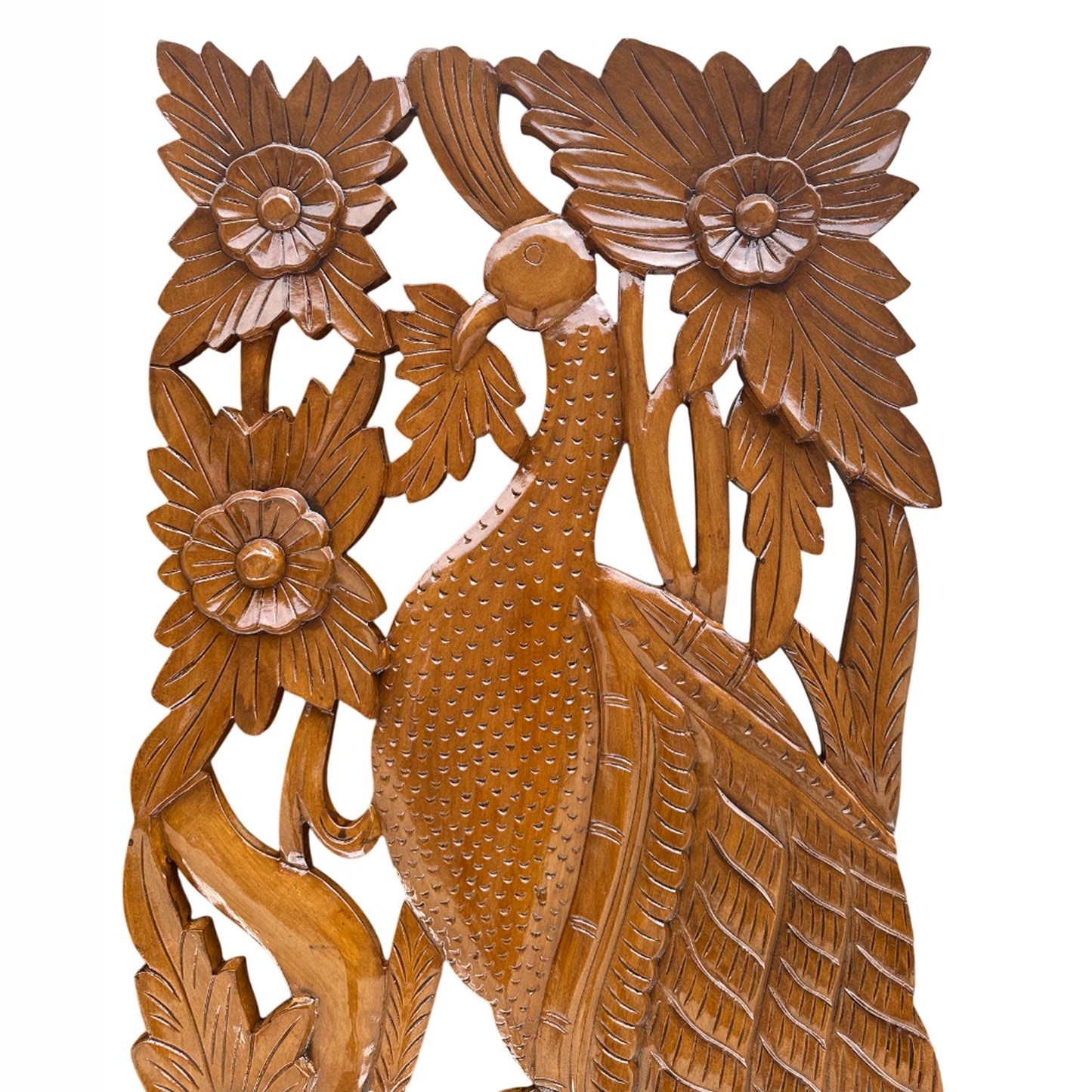 Mid-Century Modern Carved Wood Wall Panels: Peacock & Deer Art, Set of 2