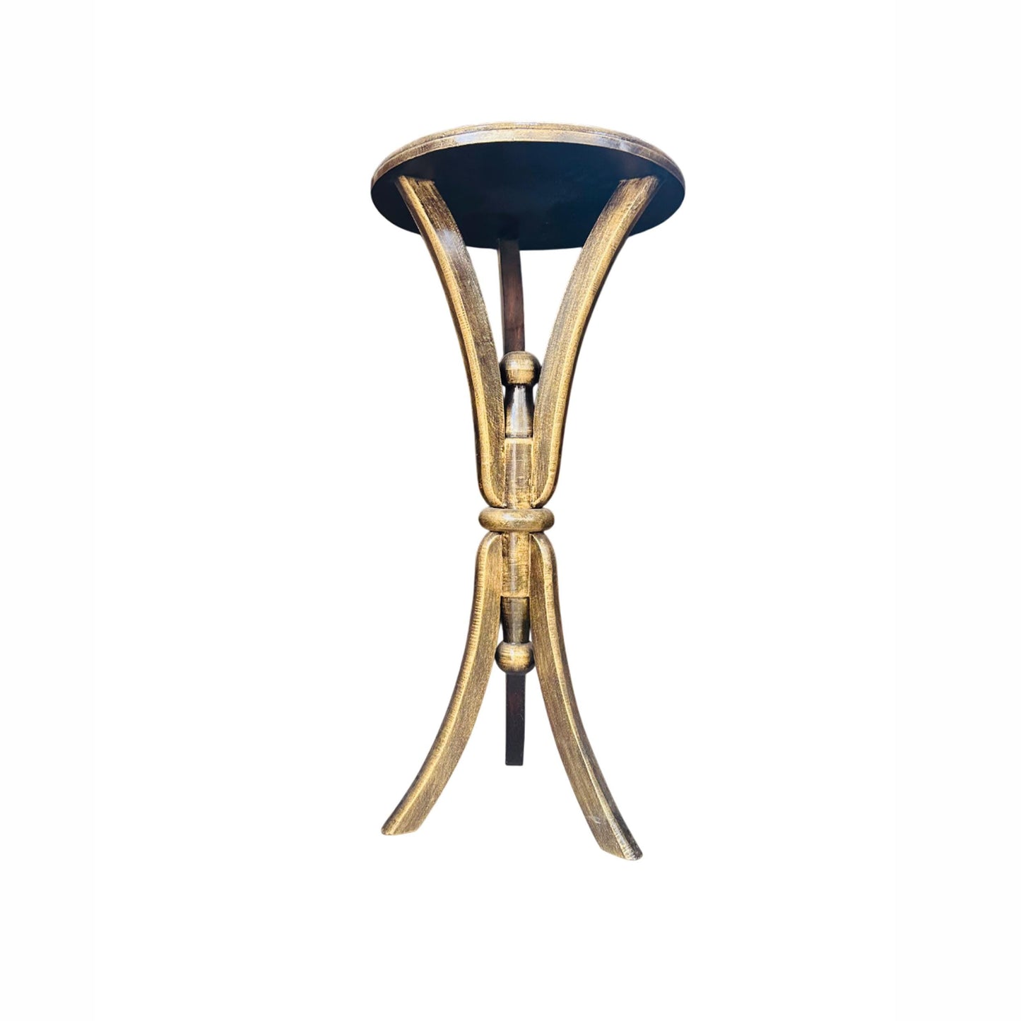 Hand Carved Mango Wood End Table: Rustic Gold Lotus Design