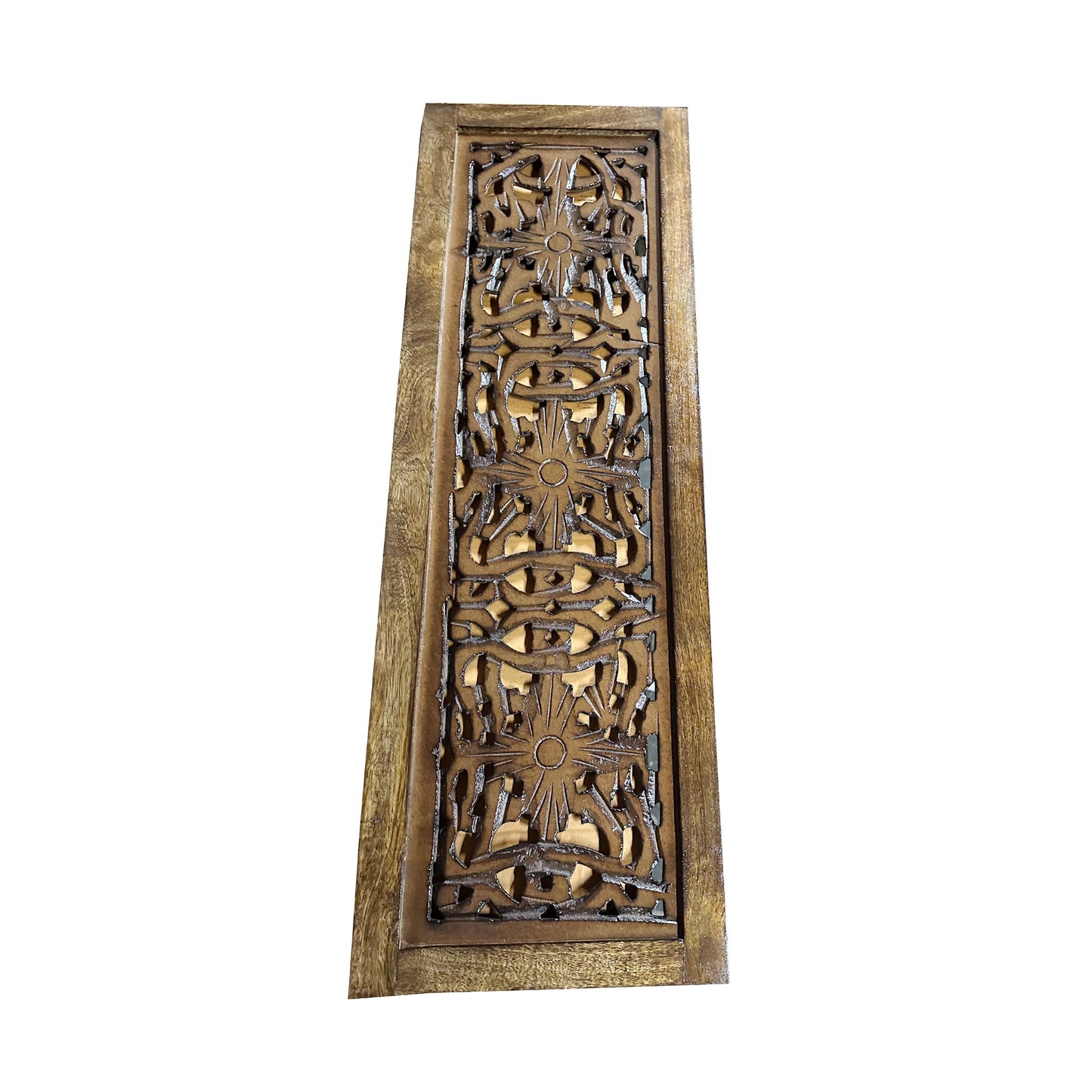 Mid-Century Modern Wood Wall Panel: Brown Flower Carving, 72x24 Inches
