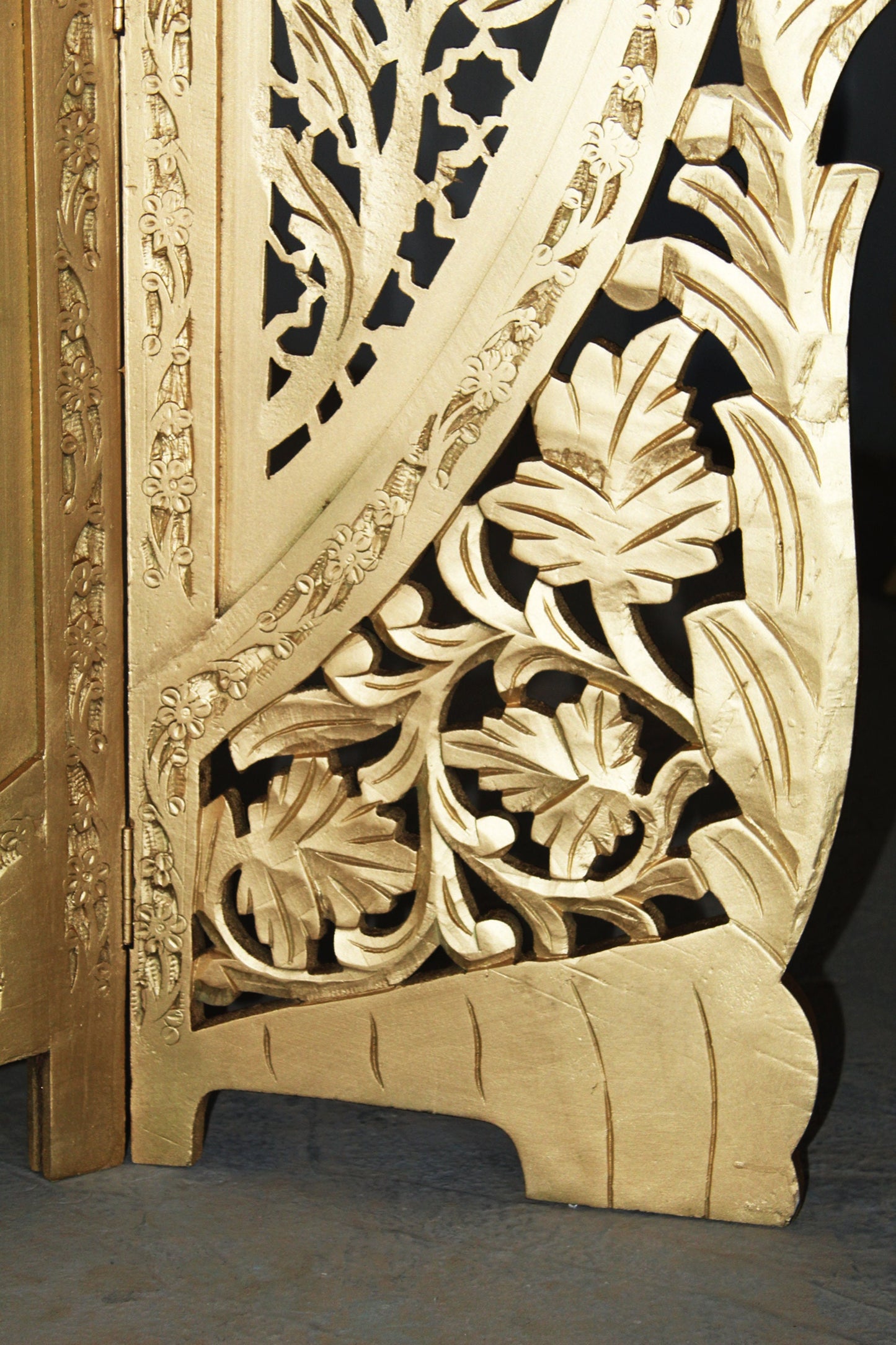 Mid Century Gold Floral Room Divider: Handmade Wooden Partition Screen