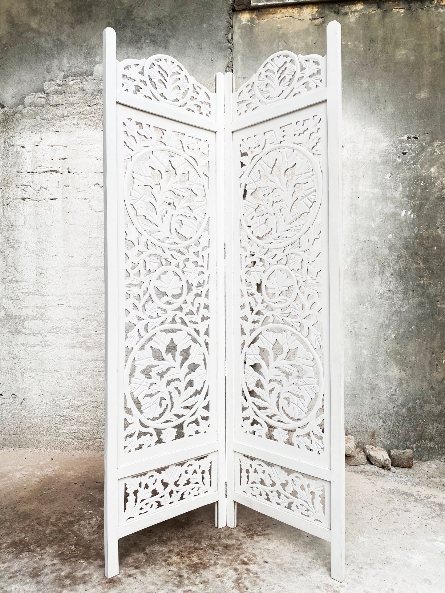Handmade Lotus Wooden Folding Room Divider: White Carved Screen