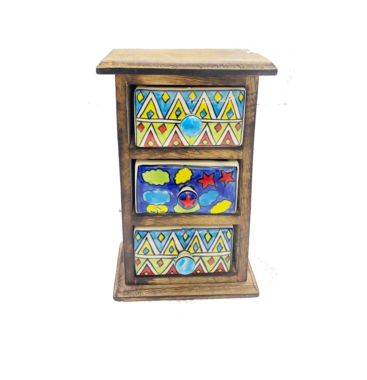 Handmade Wooden Shelf with Ceramic 3-Drawer - Antique Brown