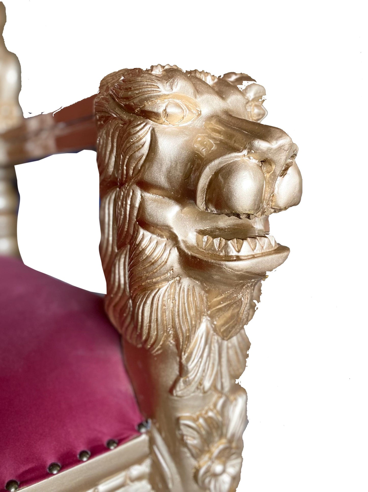 Hand Carved Gold Lion Throne Chair: Rococo Style, Tufted Cushion
