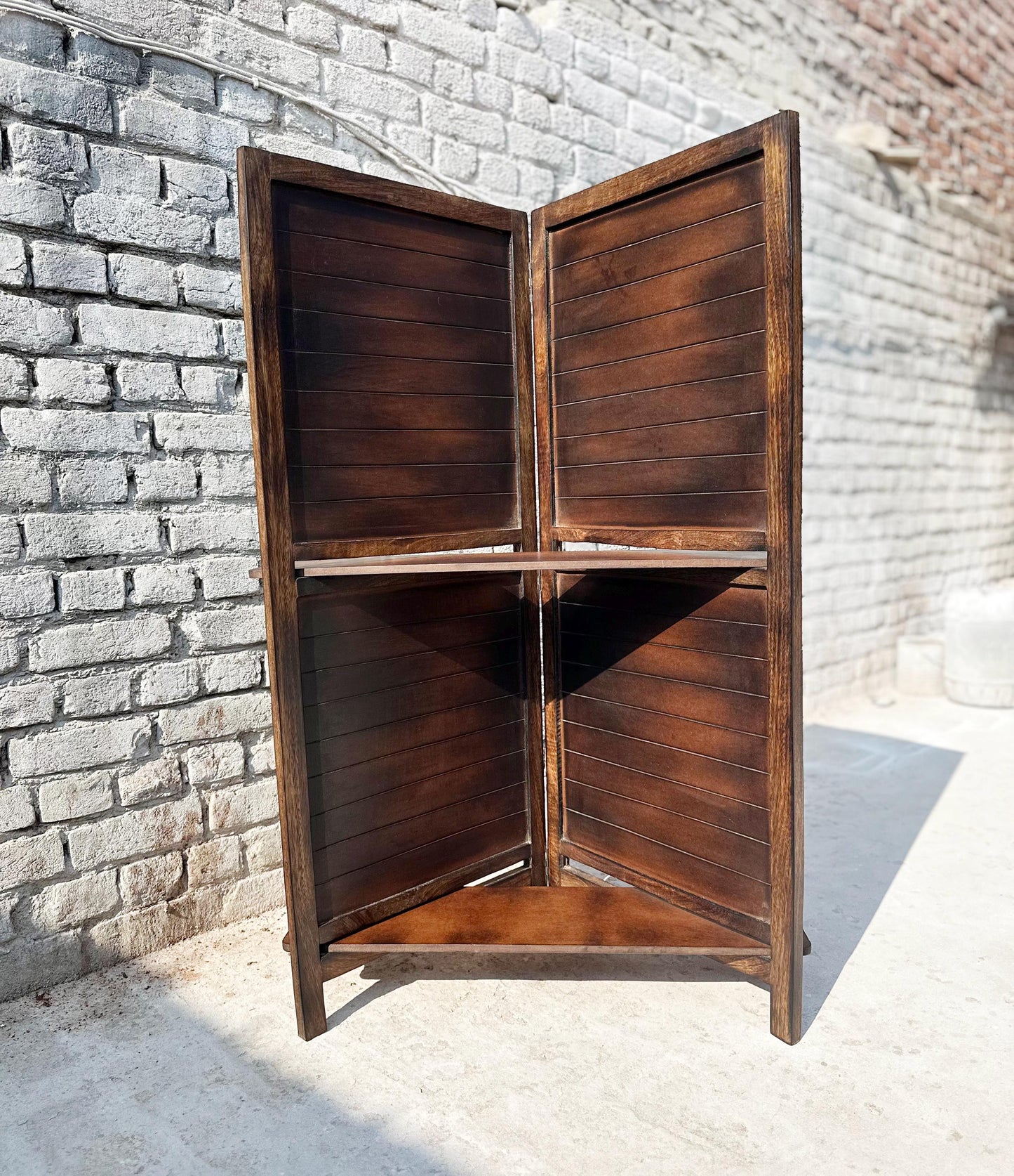 Mid Century Folding Partition with Shelf: Handmade Wooden Room Divider