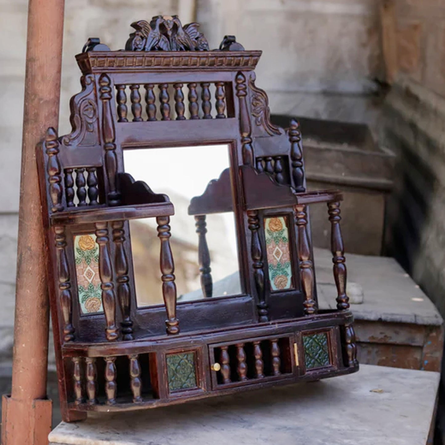 Handmade Wooden Wall Mirror with Storage: Carved Wood Decor